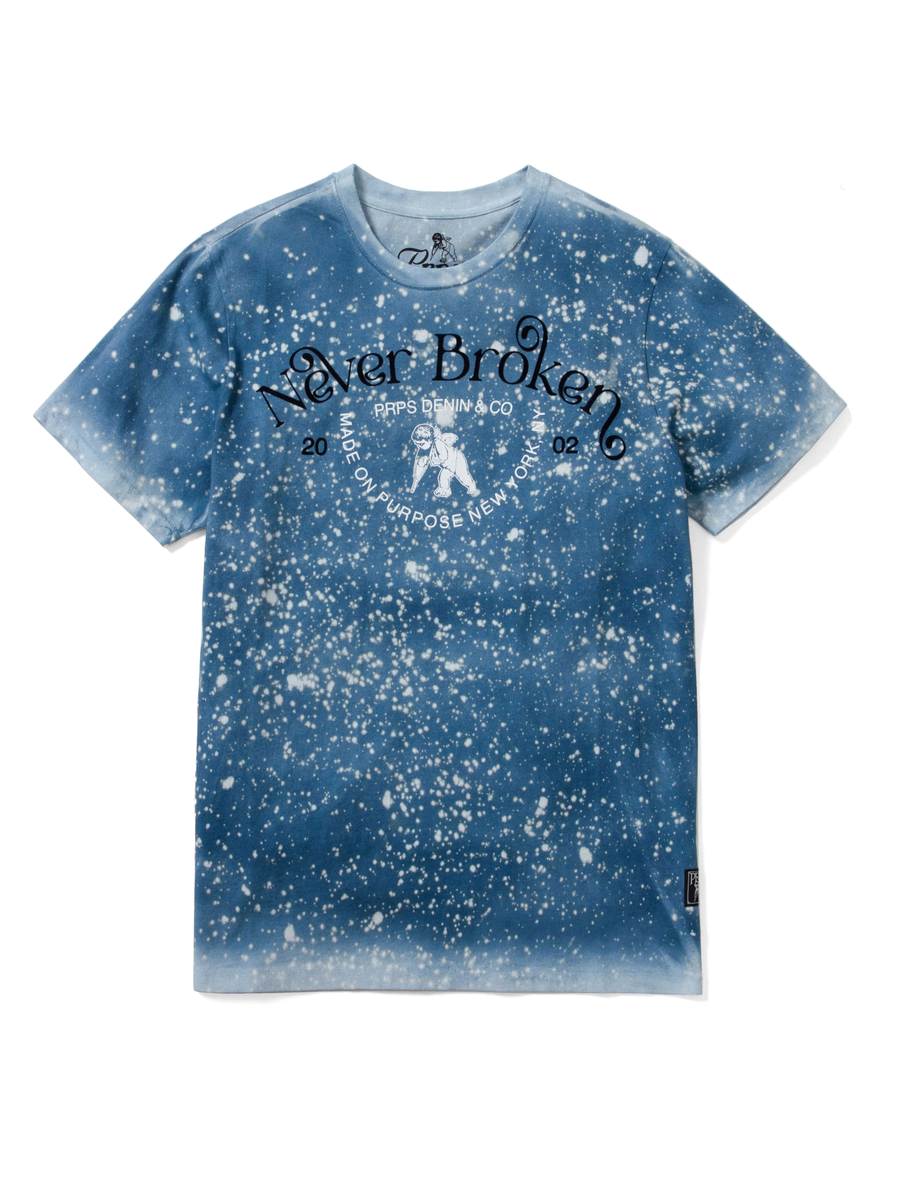 Prps Saga Tee is a men's crewneck t-shirt with bleach spot detailing and flocked graphics.