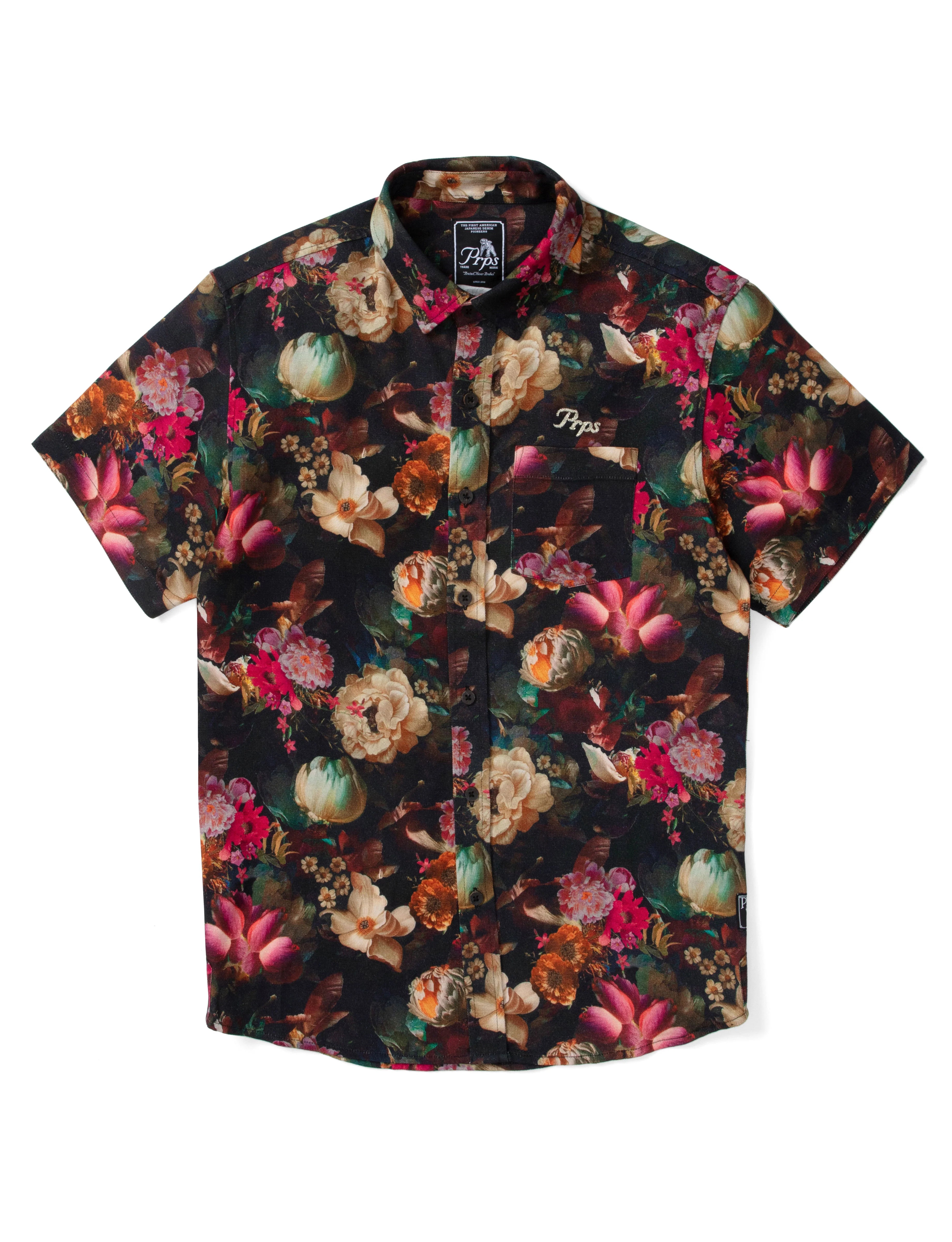 prps Our Gold Finch Shirt is crafted with a black floral print and an embroidered logo on the chest pocket. Pair with the coordinating shorts.