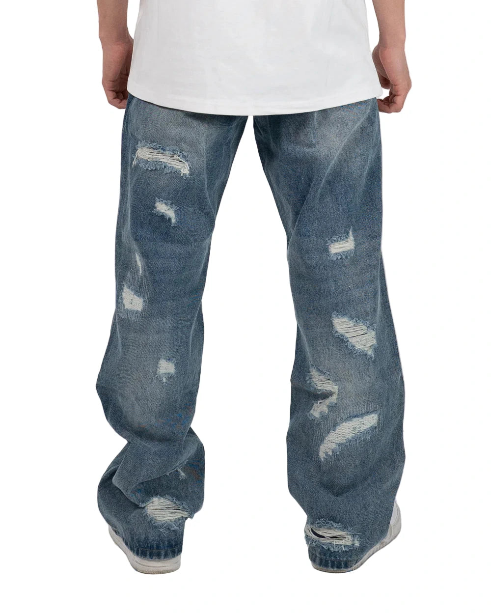 Wide fit heavyweight denim jeans with distressed details, repaired patches, and contrast cotton backing