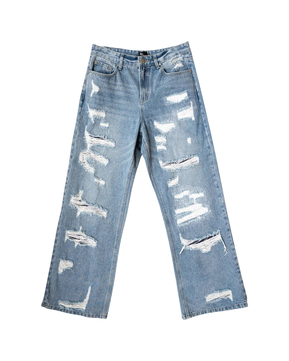 Wide fit heavyweight denim jeans with distressed details, repaired patches, and contrast cotton backing