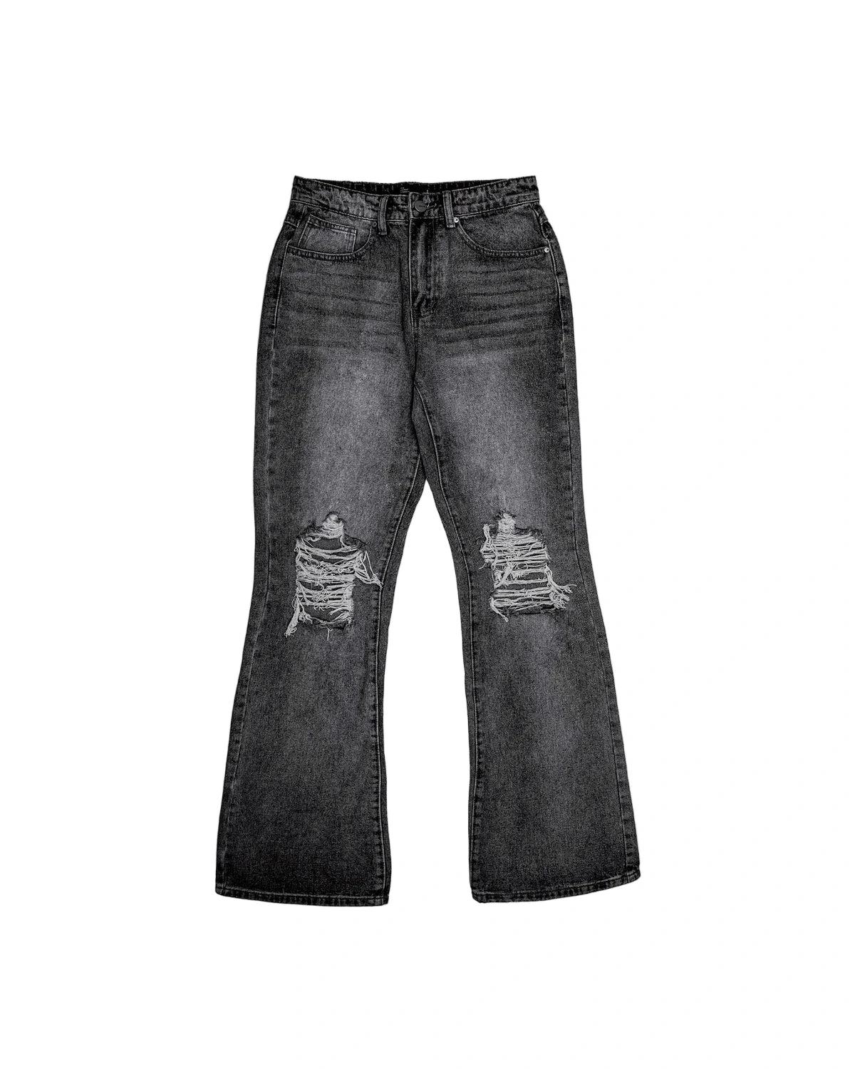 Loose fit distressed jeans in washed denim with classic five-pocket design and knee blowouts