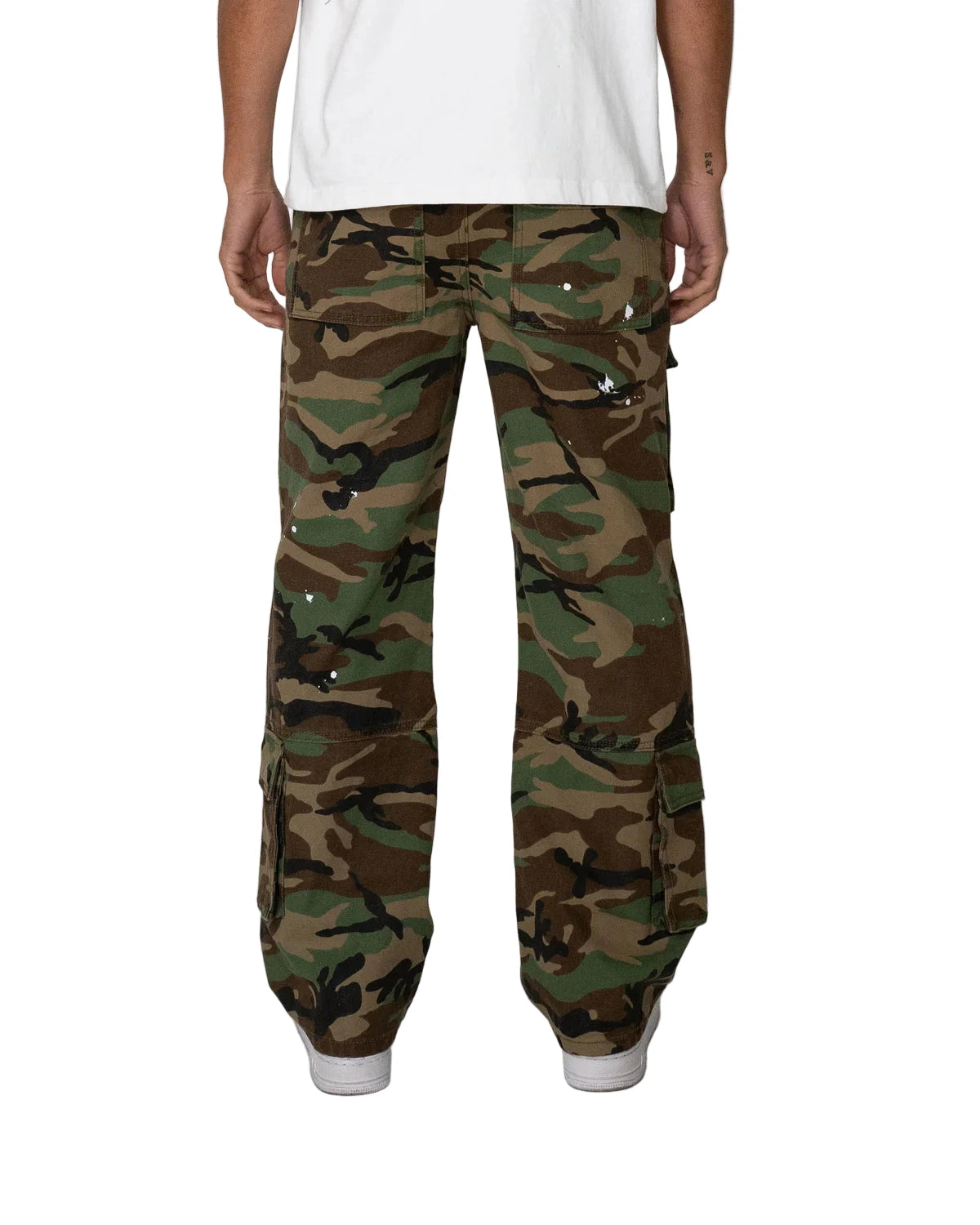 Neo Cargo Pants in printed duck canvas with relaxed fit, cargo pockets, paint splatter accents, and metal logo hardware