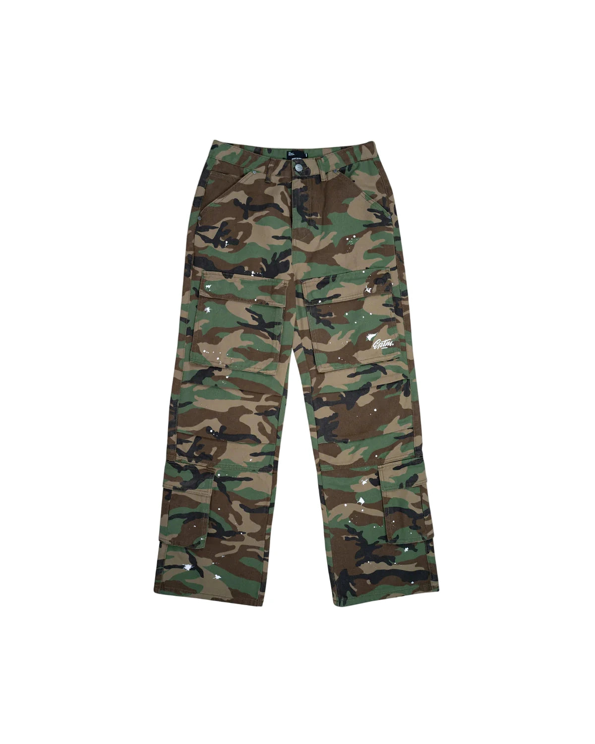 Neo Cargo Pants in printed duck canvas with relaxed fit, cargo pockets, paint splatter accents, and metal logo hardware