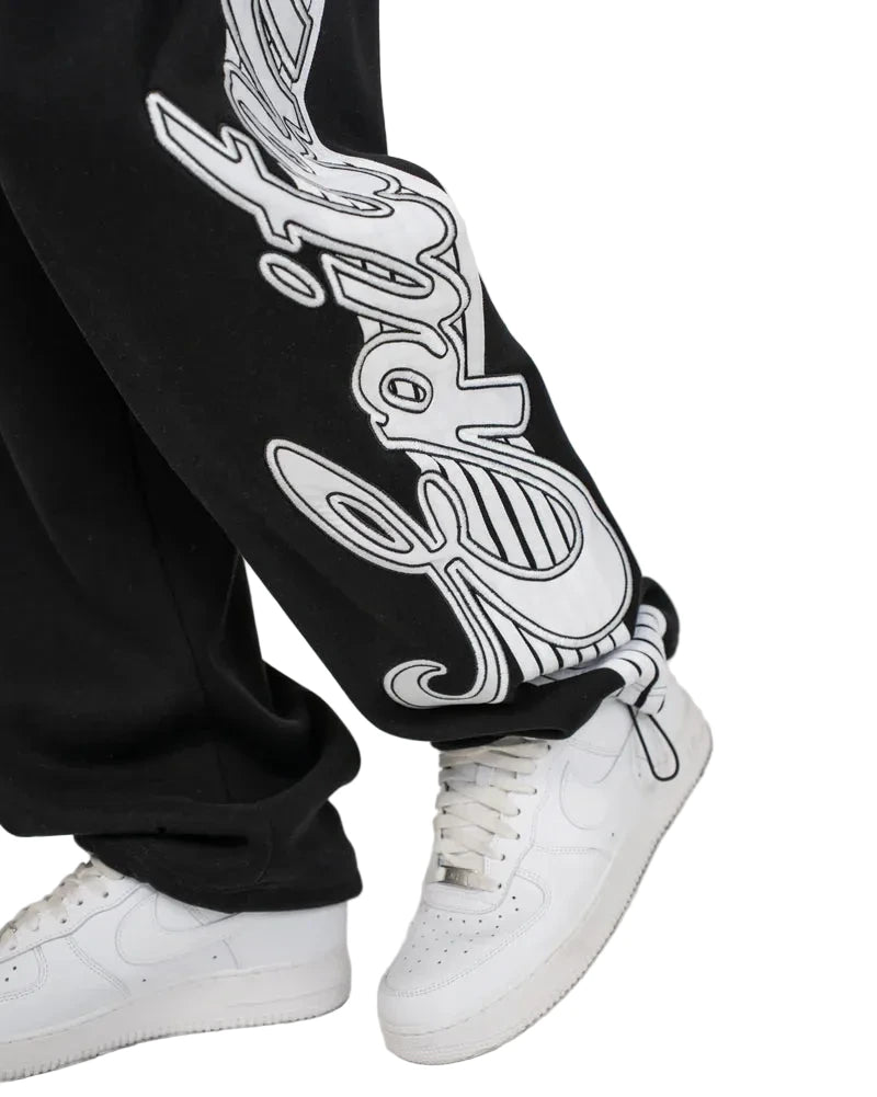 EPTM Epitome black sweatpants made from bonded fleece with signature tapes, elastic waistband, and adjustable bottom toggles