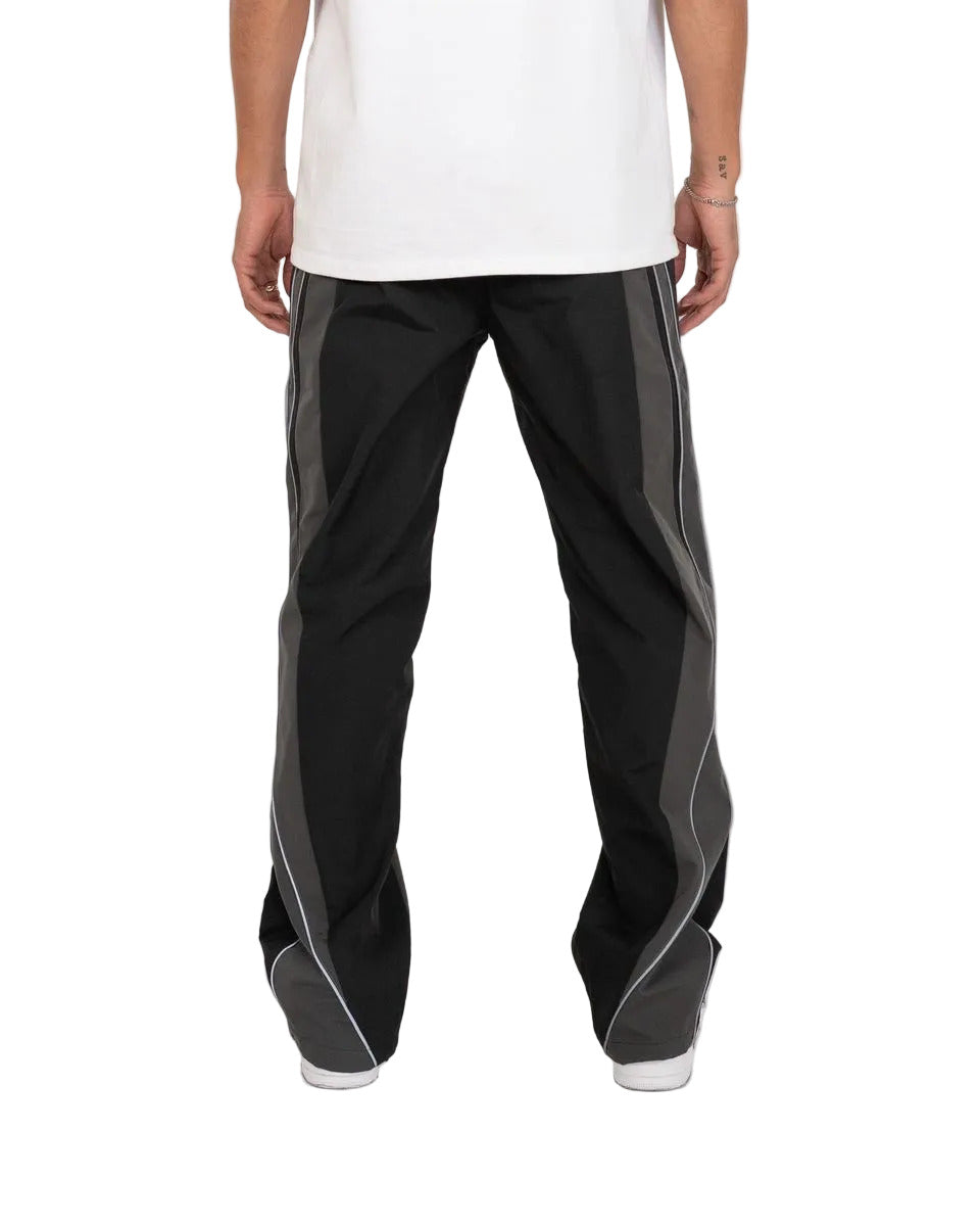 EPTM UO black pants with nylon fabric, 3M reflective piping, elastic drawstring waistband, adjustable bottom toggles, and front welt pockets