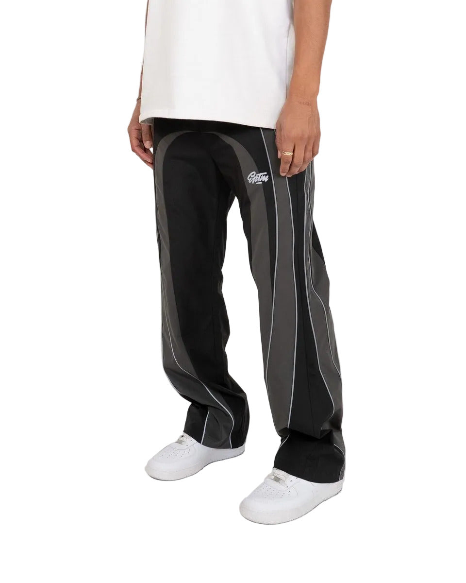 EPTM UO black pants with nylon fabric, 3M reflective piping, elastic drawstring waistband, adjustable bottom toggles, and front welt pockets