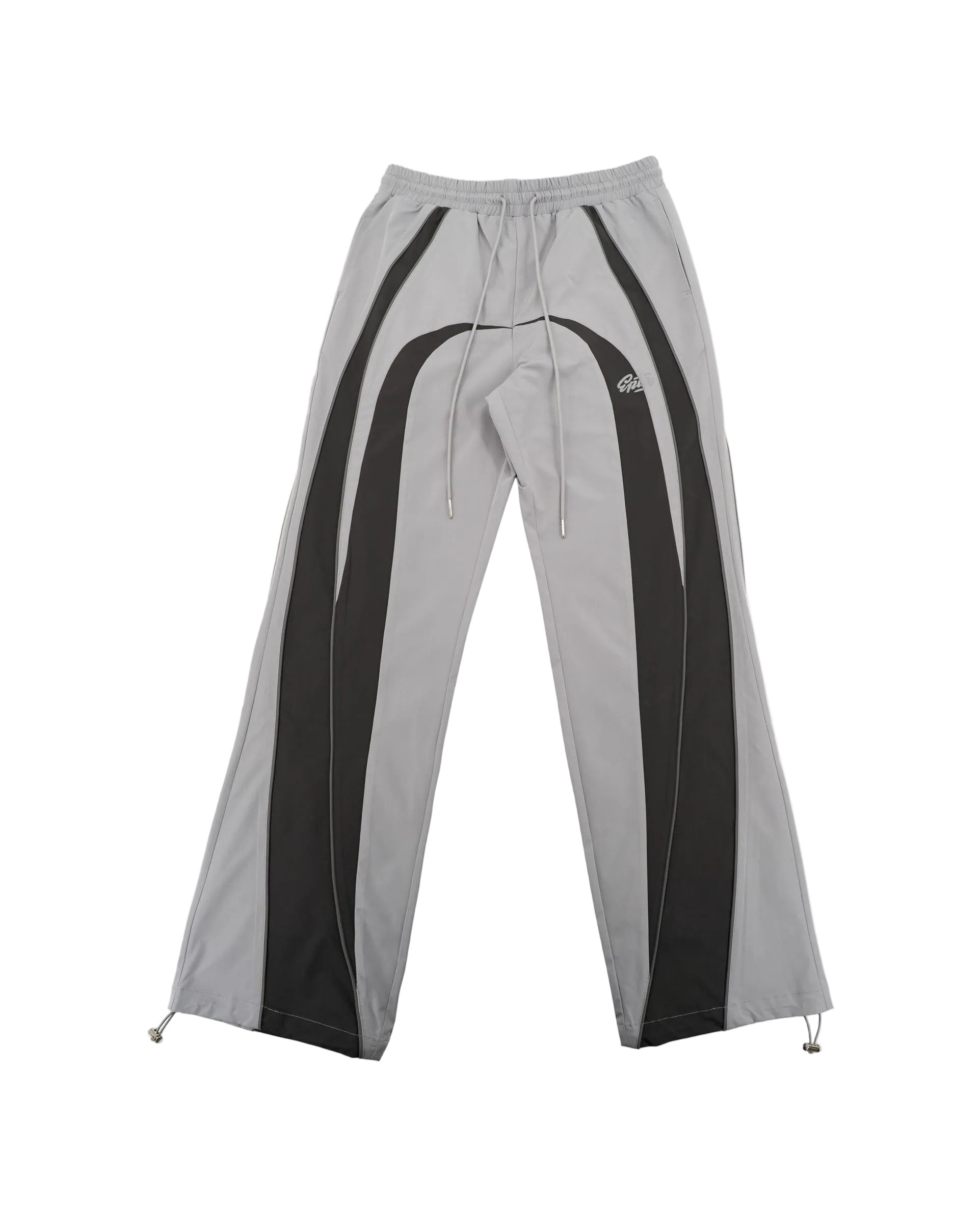 EPTM UO grey pants with nylon fabric, 3M reflective piping, elastic drawstring waistband, adjustable bottom toggles, and front welt pockets