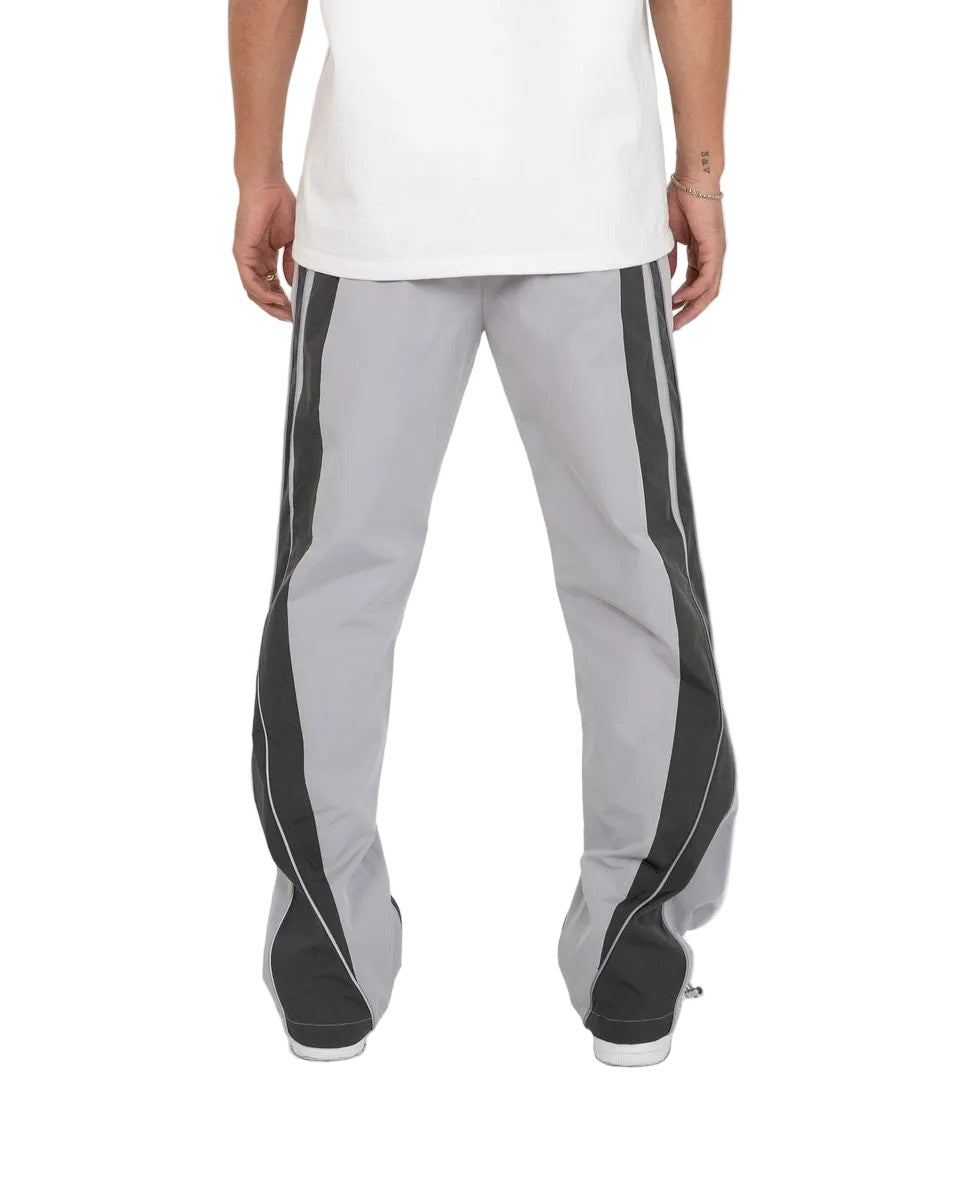 EPTM UO grey pants with nylon fabric, 3M reflective piping, elastic drawstring waistband, adjustable bottom toggles, and front welt pockets