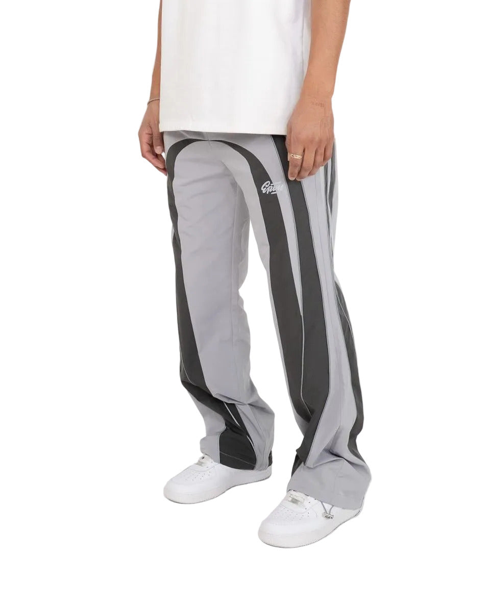 EPTM UO grey pants with nylon fabric, 3M reflective piping, elastic drawstring waistband, adjustable bottom toggles, and front welt pockets