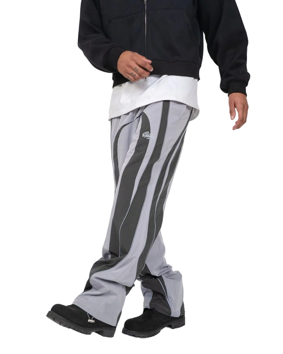 EPTM UO grey pants with nylon fabric, 3M reflective piping, elastic drawstring waistband, adjustable bottom toggles, and front welt pockets