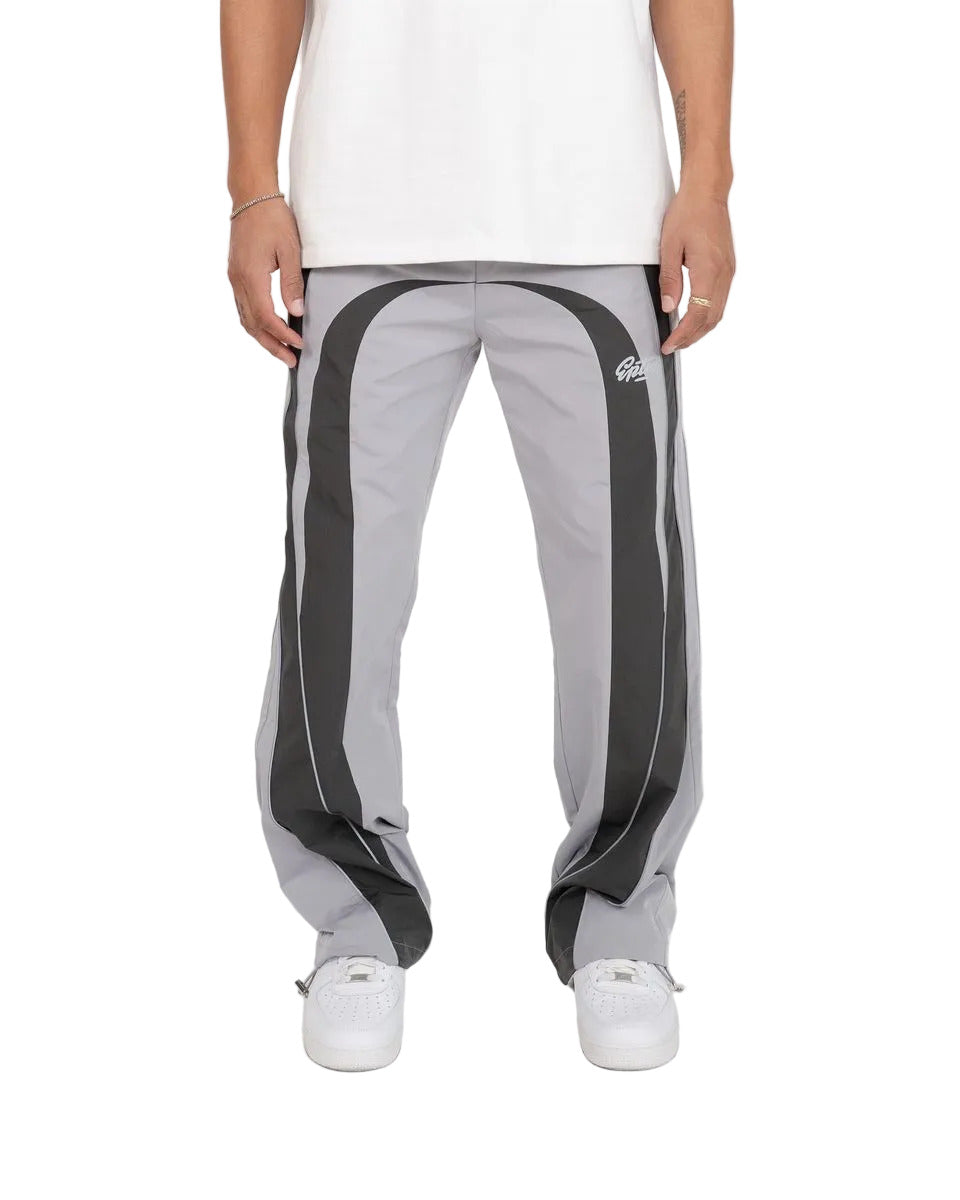 EPTM UO grey pants with nylon fabric, 3M reflective piping, elastic drawstring waistband, adjustable bottom toggles, and front welt pockets