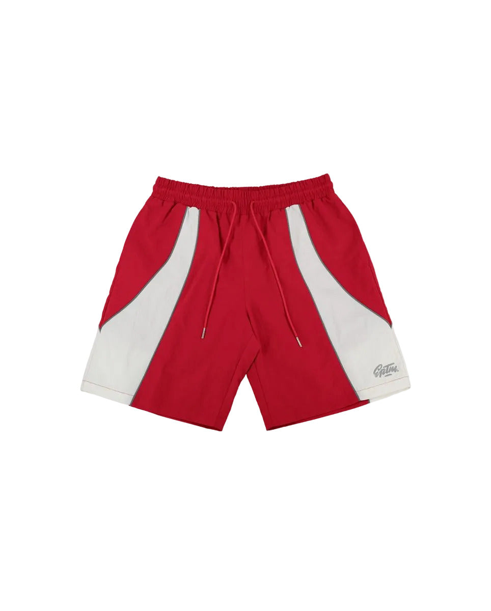 Mate shorts with reflective piping, elastic waistband, and lightweight nylon fabric in modern streetwear style