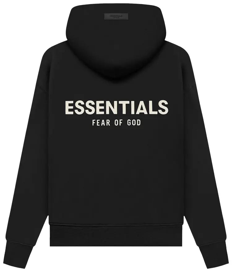 Fear of God Essentials Kids black hoodie with white logo print and brushed fleece backing