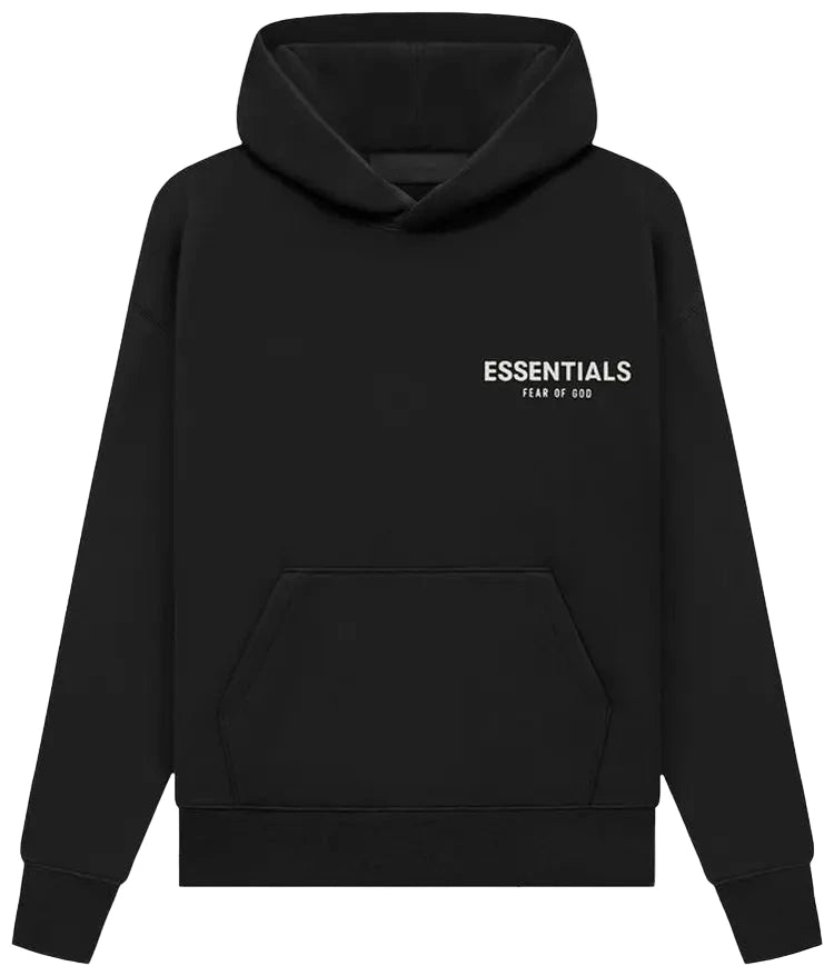 Fear of God Essentials Kids black hoodie with white logo print and brushed fleece backing