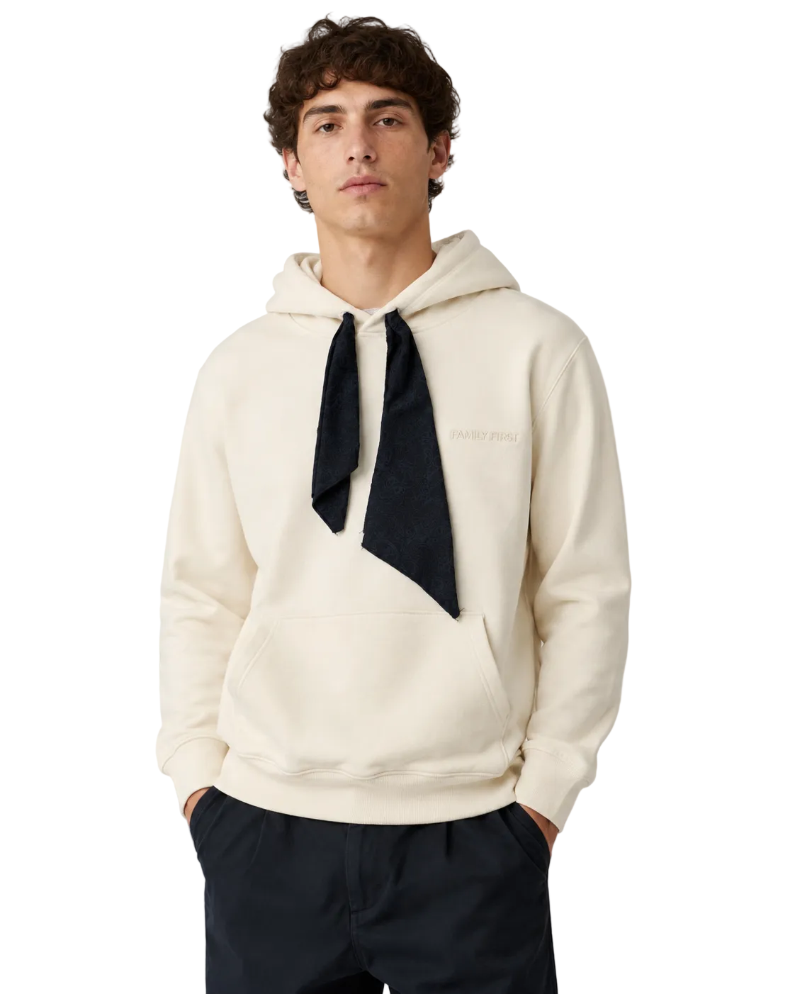 Family First white pullover hoodie with logo