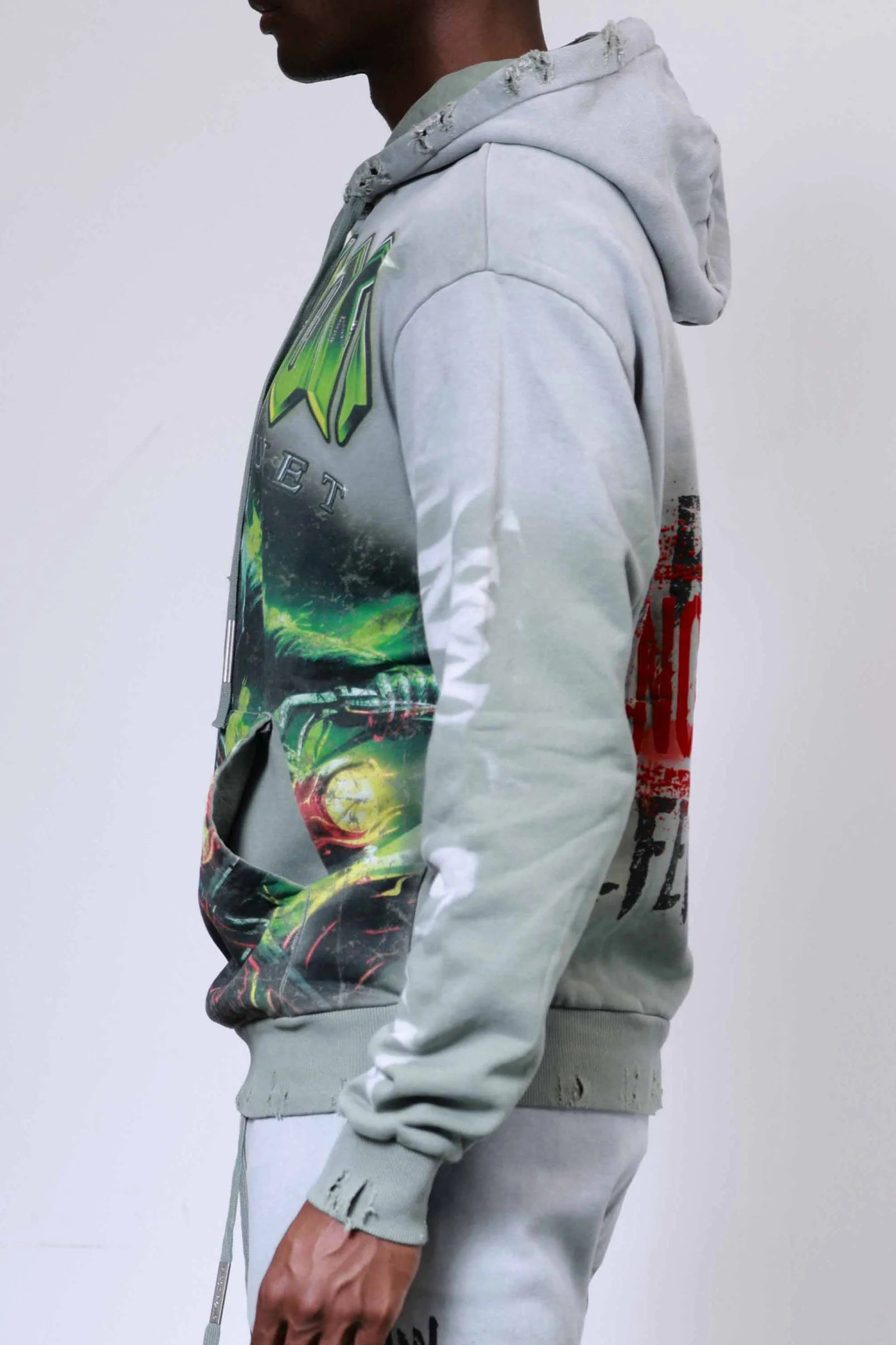 FIRST ROW Heavy Washed Sweat Hoodie with flock detail and oversized fit in soft fabric