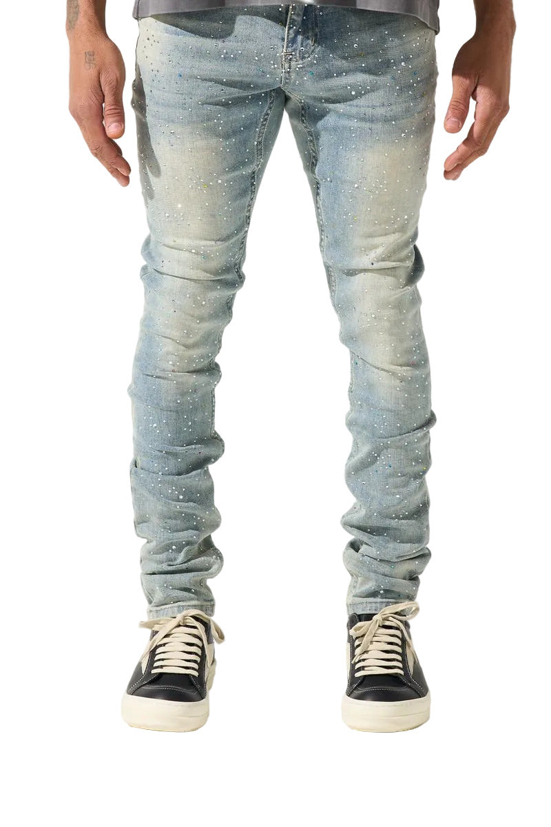 SERENEDE® Franchise fitted denim jeans in vintage earth blue wash with multi-colored hot-fix crystals and branded detailing.