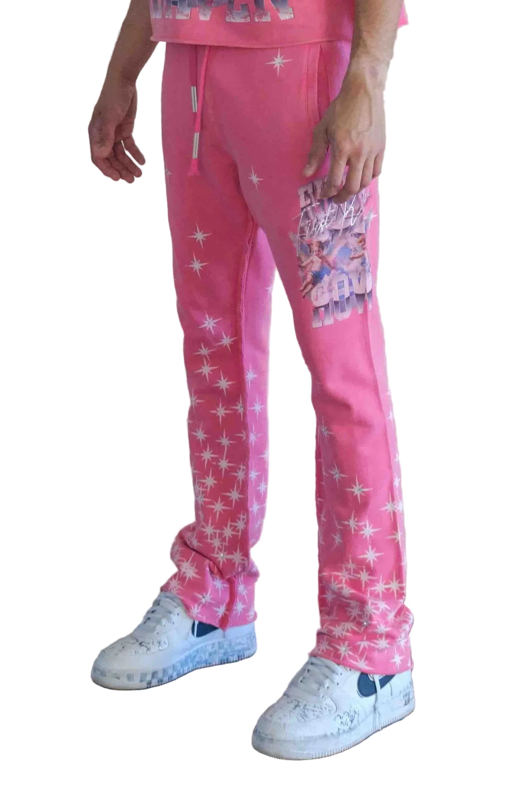 First Row Made In Heaven Stardust Flare pink stack jogger pants with rhinestone detailing and elastic drawstring waistband
