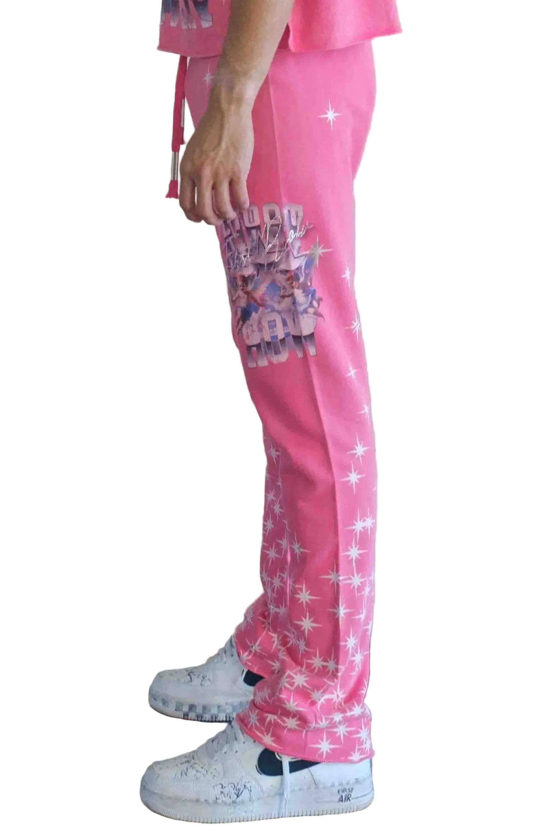 First Row Made In Heaven Stardust Flare pink stack jogger pants with rhinestone detailing and elastic drawstring waistband