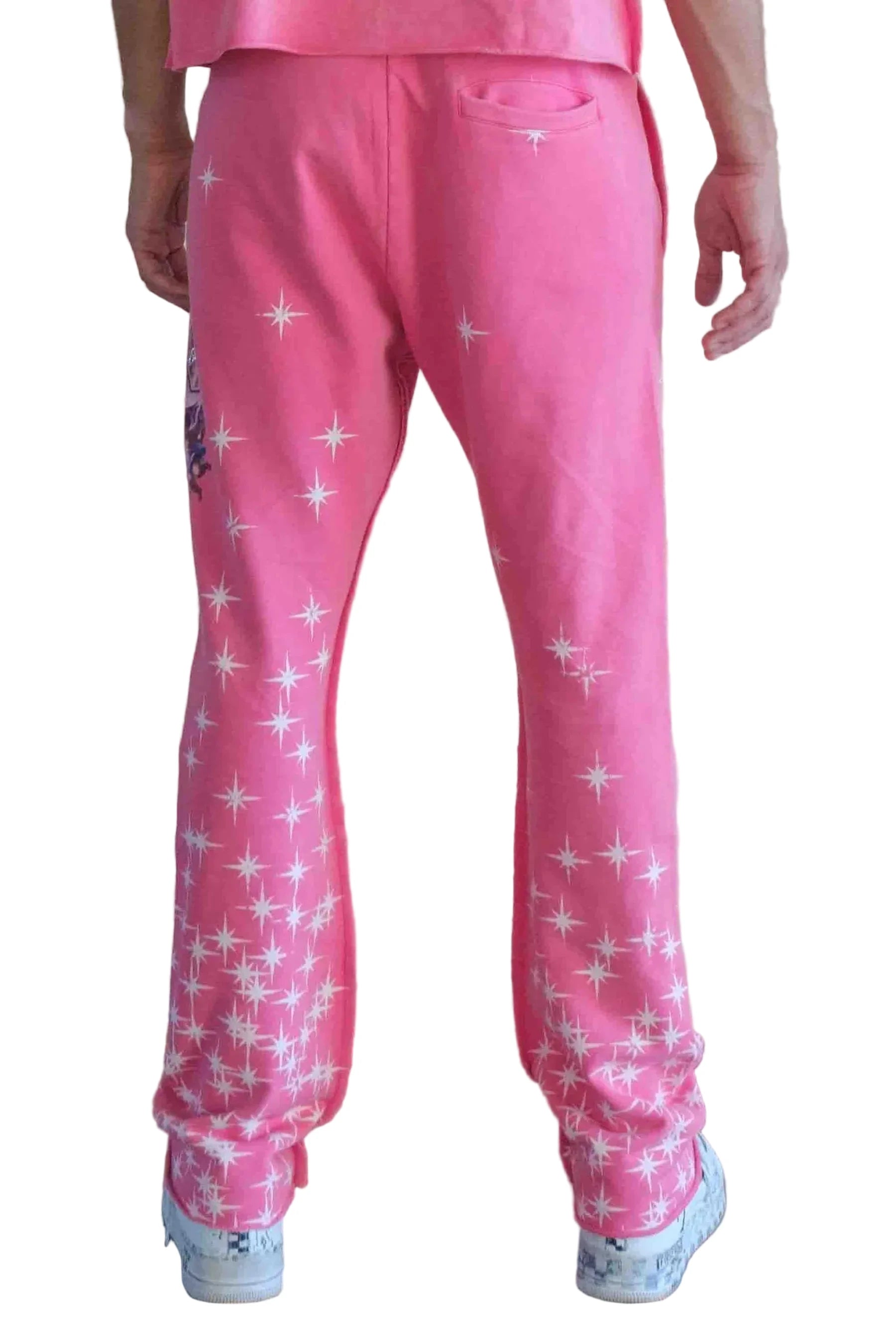 First Row Made In Heaven Stardust Flare pink stack jogger pants with rhinestone detailing and elastic drawstring waistband