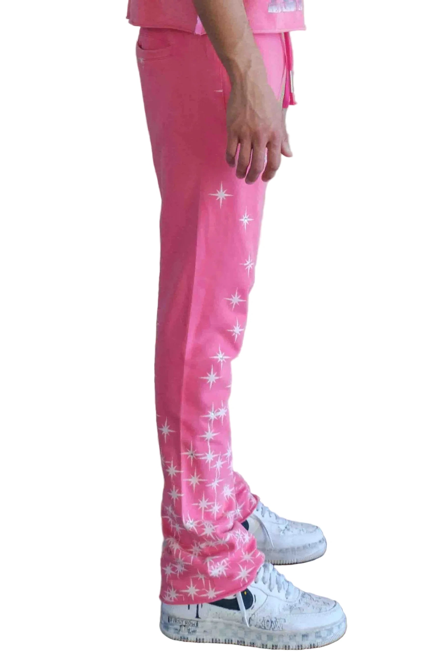 First Row Made In Heaven Stardust Flare pink stack jogger pants with rhinestone detailing and elastic drawstring waistband