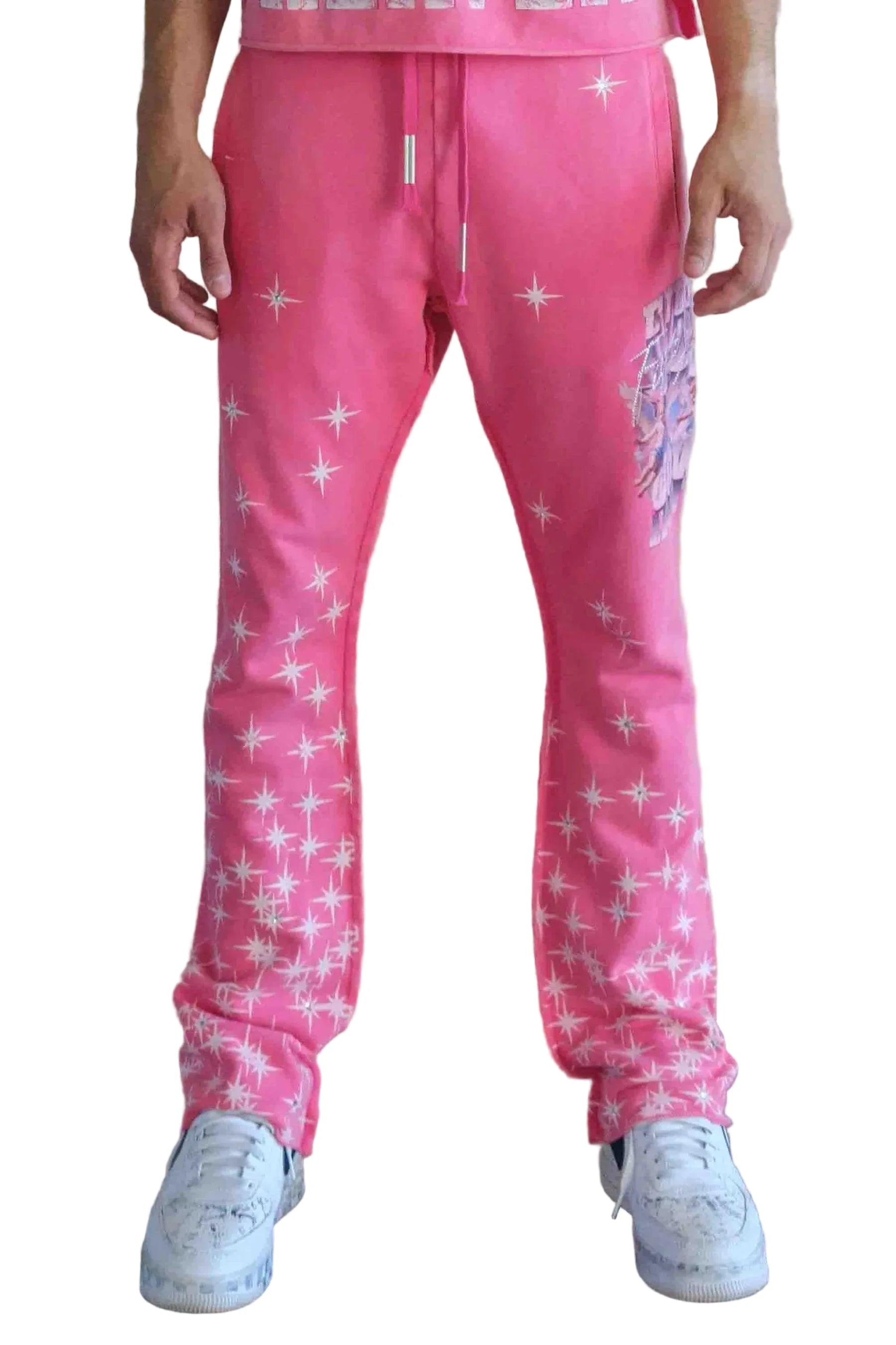 First Row Made In Heaven Stardust Flare pink stack jogger pants with rhinestone detailing and elastic drawstring waistband