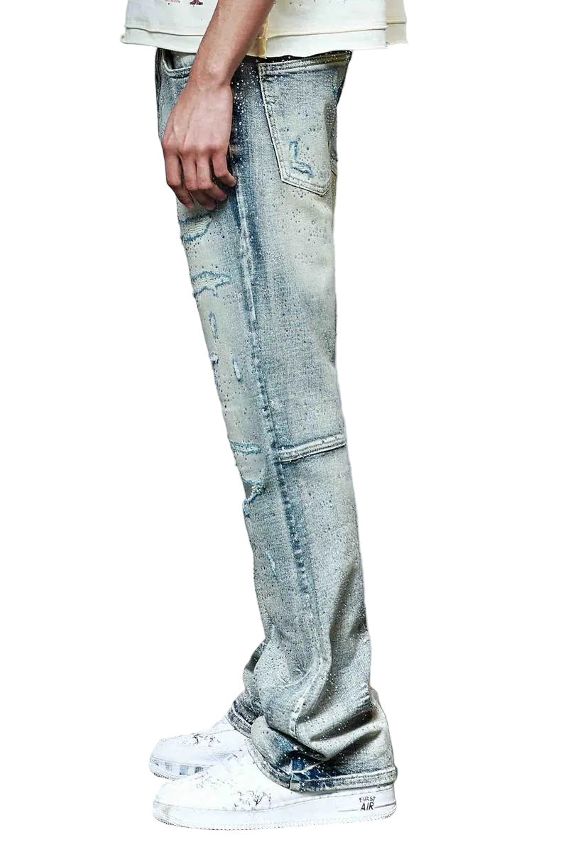 First Row allover rhinestone denim flare jeans with rip and repair detailing and classic 5-pocket construction