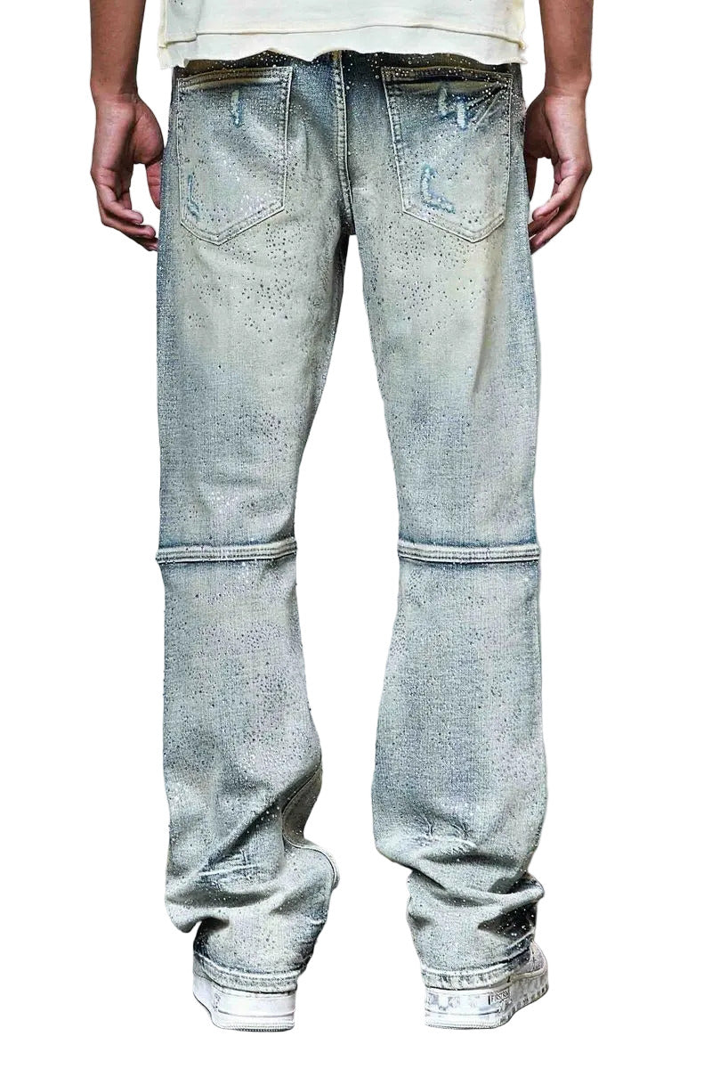 First Row allover rhinestone denim flare jeans with rip and repair detailing and classic 5-pocket construction