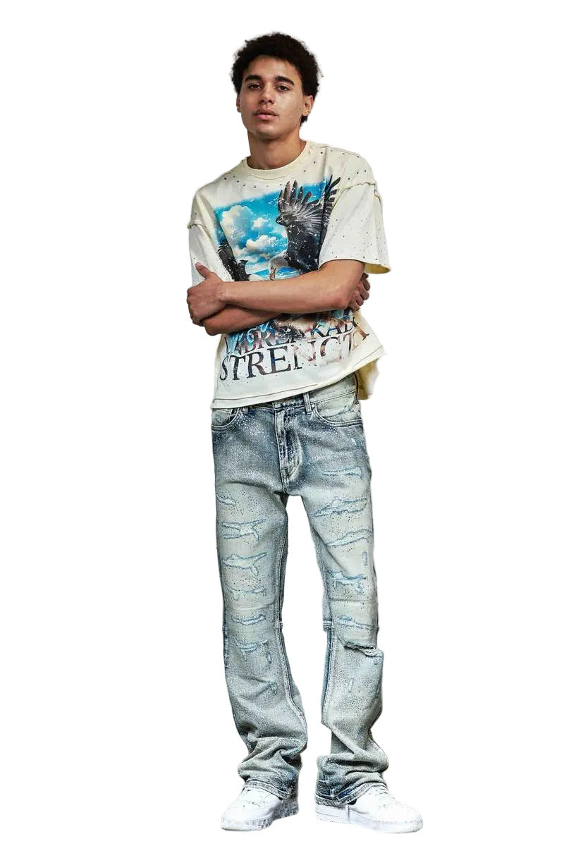 First Row allover rhinestone denim flare jeans with rip and repair detailing and classic 5-pocket construction
