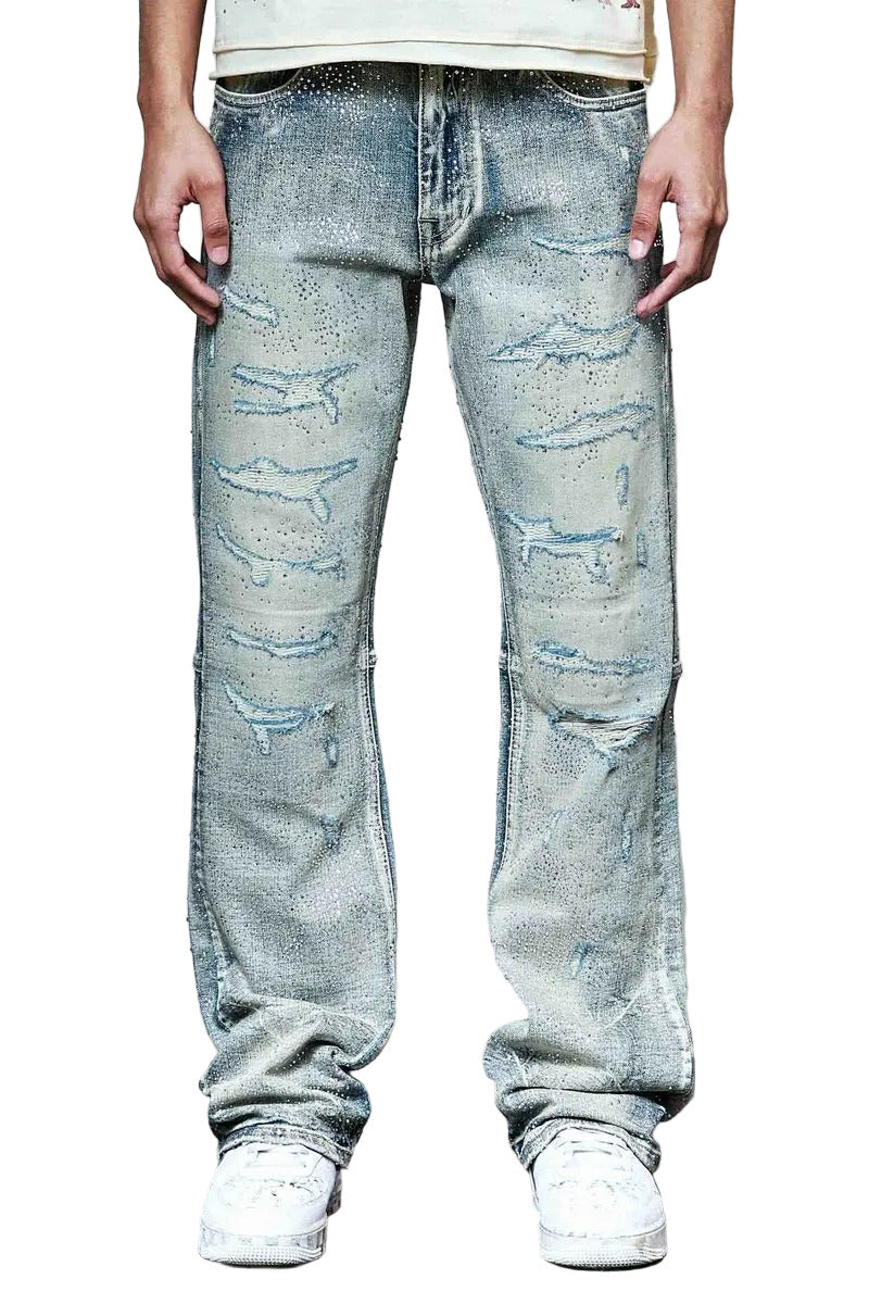 First Row allover rhinestone denim flare jeans with rip and repair detailing and classic 5-pocket construction