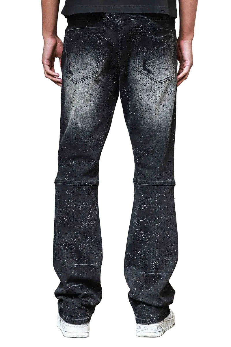 First Row FR Allover Rhinestone Denim Flare Jeans in black with rhinestone detailing and rip and repair design