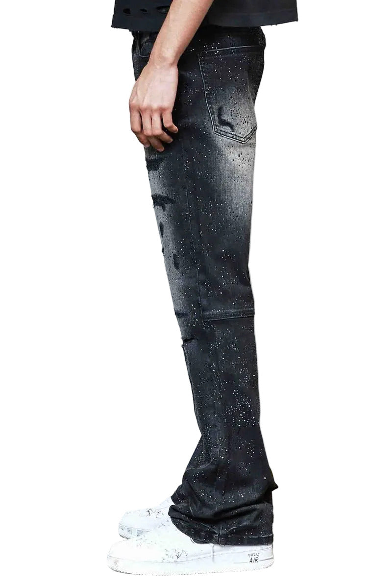 First Row FR Allover Rhinestone Denim Flare Jeans in black with rhinestone detailing and rip and repair design