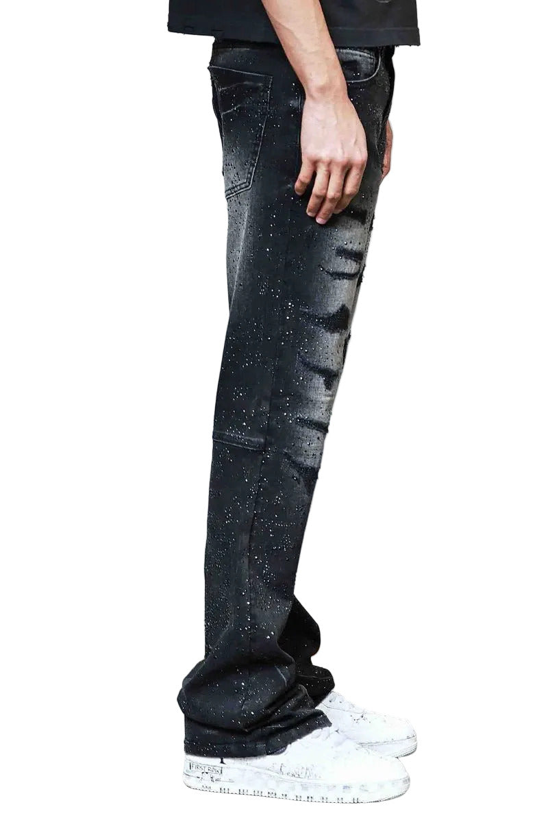 First Row FR Allover Rhinestone Denim Flare Jeans in black with rhinestone detailing and rip and repair design