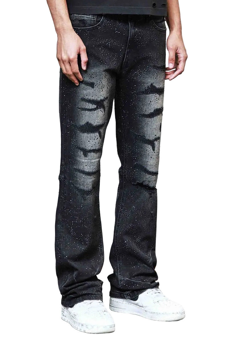 First Row FR Allover Rhinestone Denim Flare Jeans in black with rhinestone detailing and rip and repair design