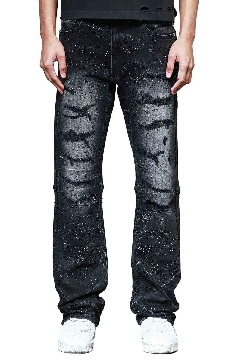 First Row FR Allover Rhinestone Denim Flare Jeans in black with rhinestone detailing and rip and repair design