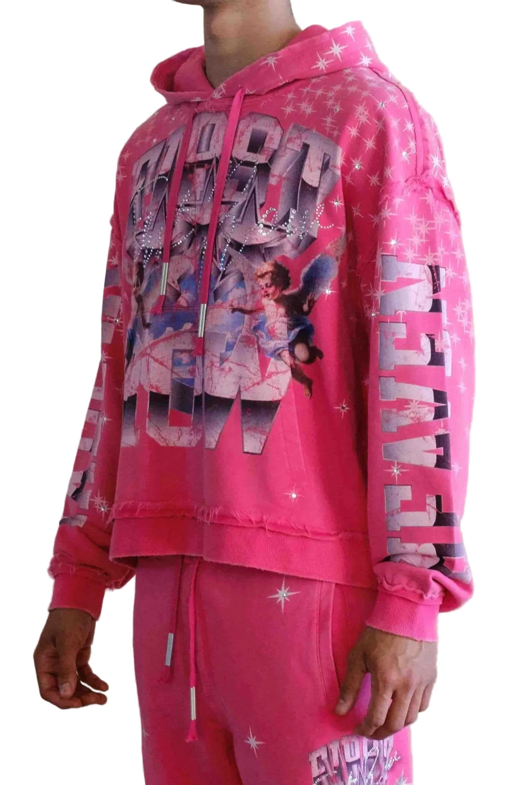 First Row FR Made In Heaven Stardust pink cropped hoodie with rhinestone detailing and front kanga pocket