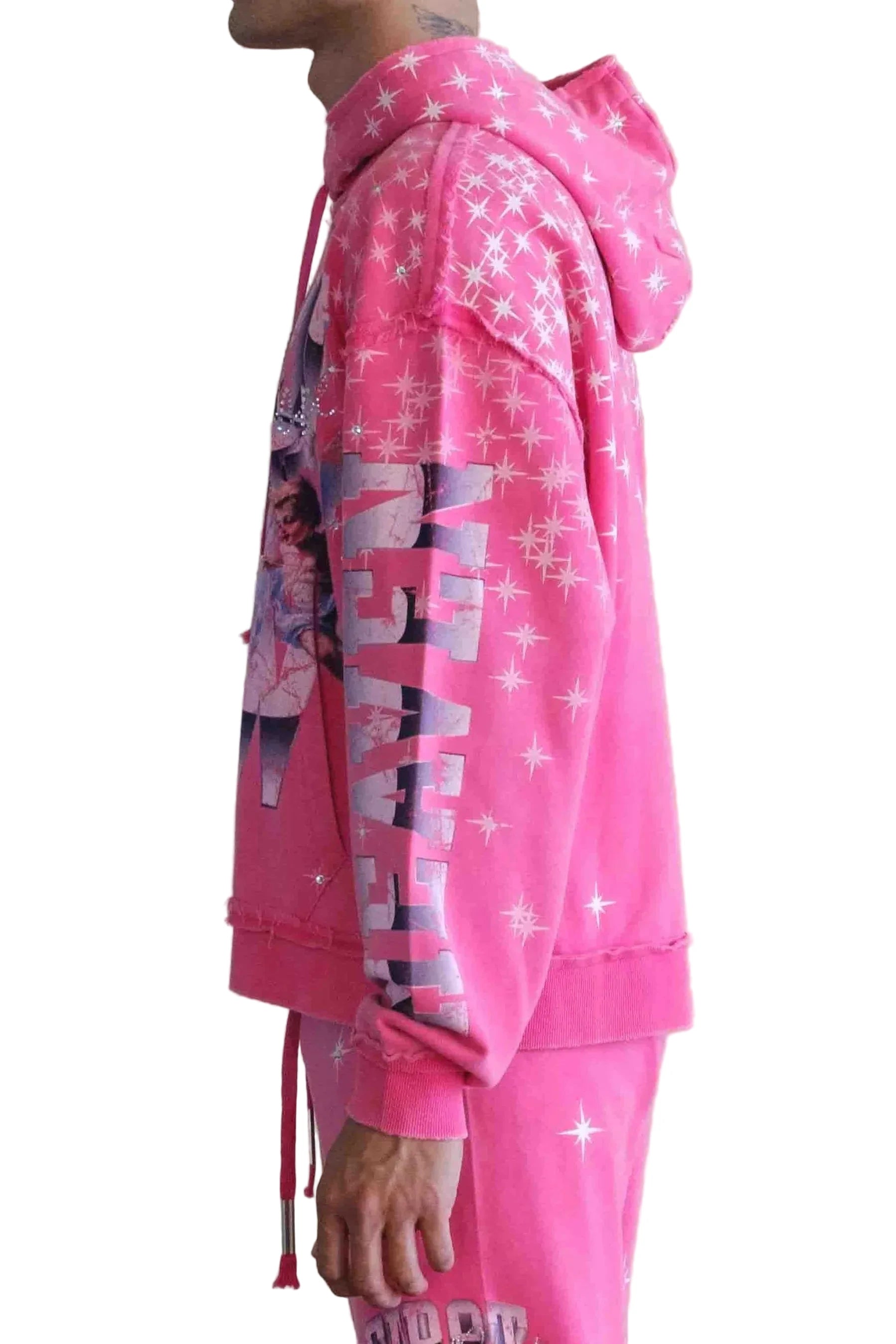 First Row FR Made In Heaven Stardust pink cropped hoodie with rhinestone detailing and front kanga pocket