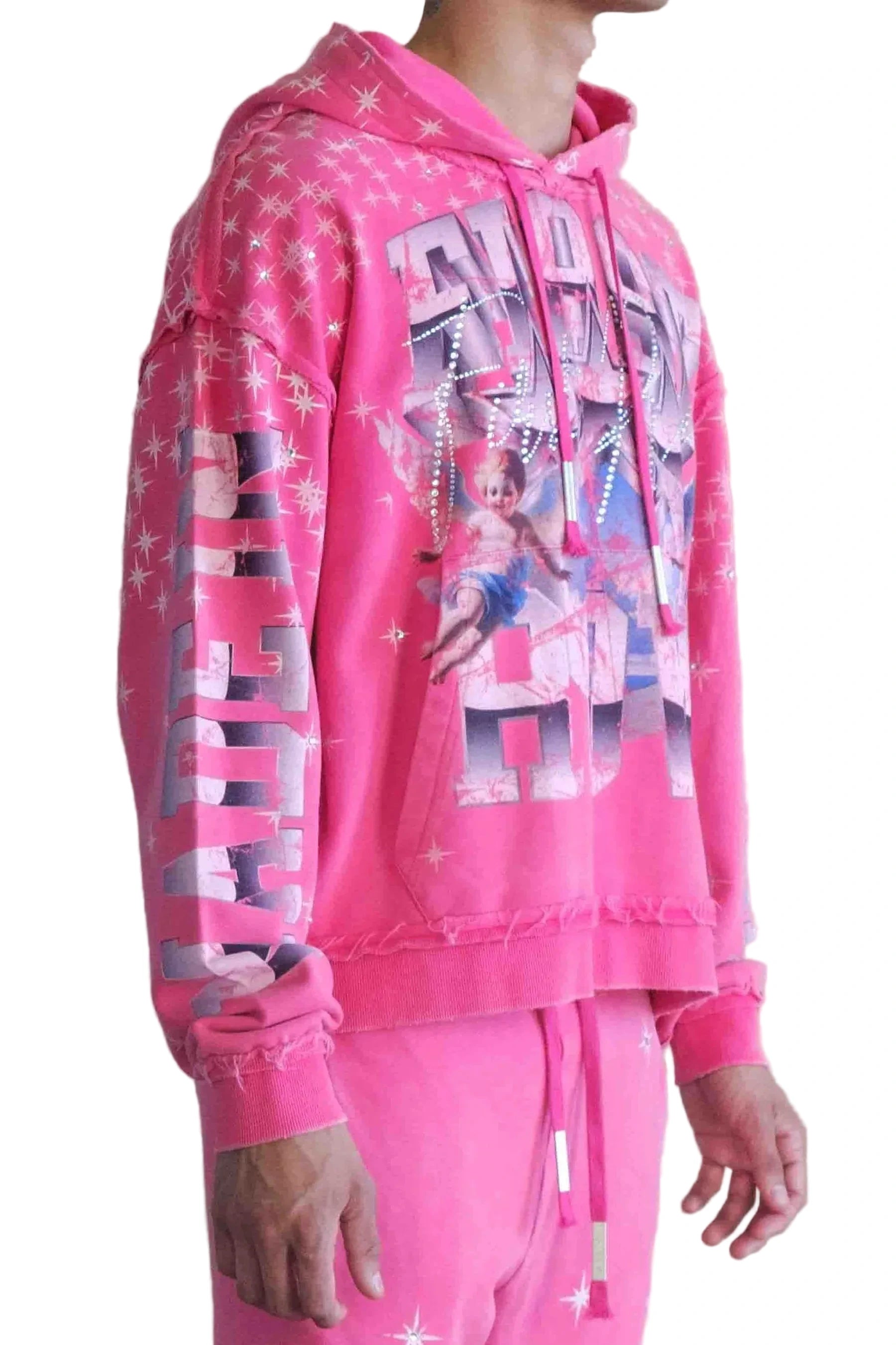 First Row FR Made In Heaven Stardust pink cropped hoodie with rhinestone detailing and front kanga pocket