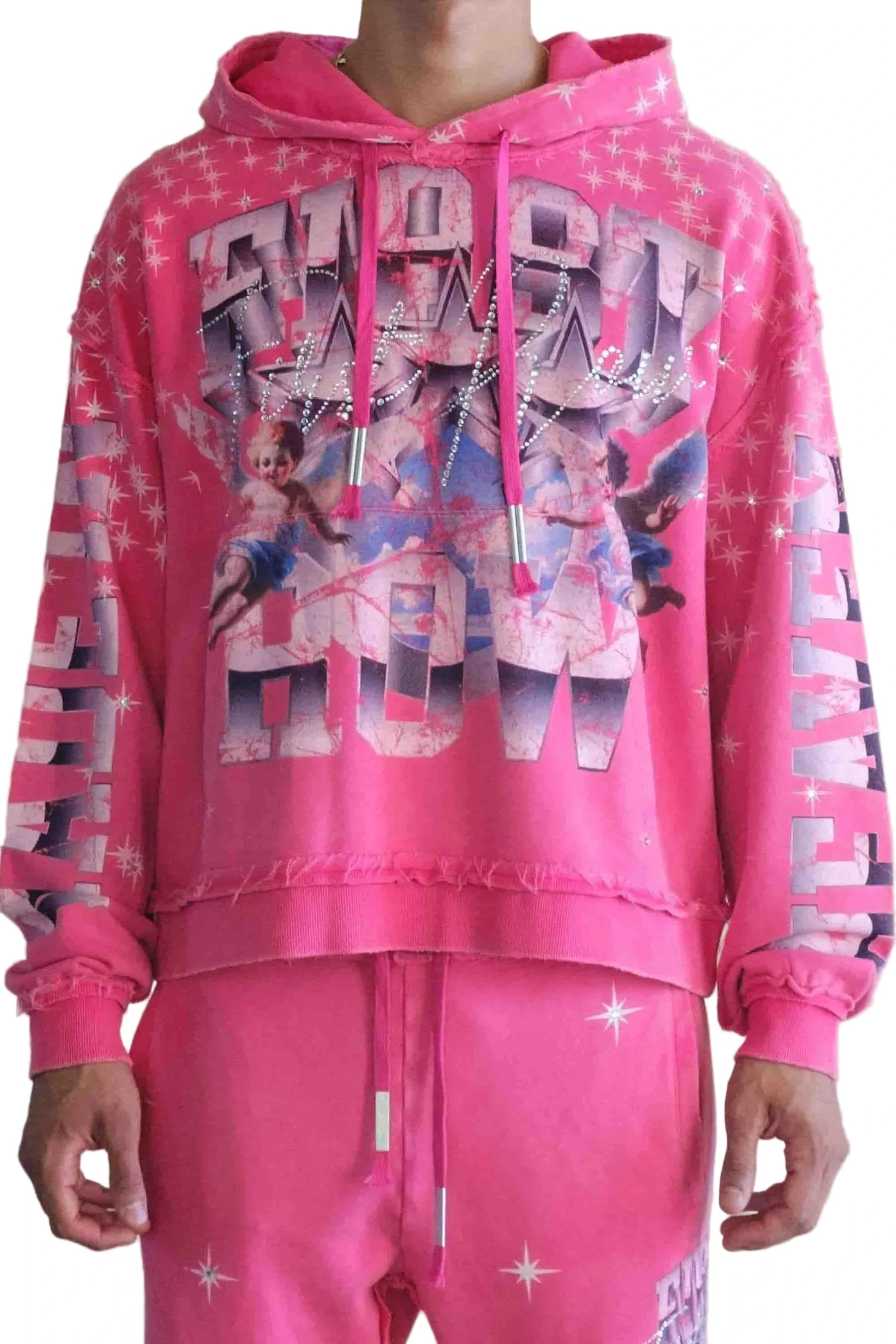 First Row FR Made In Heaven Stardust pink cropped hoodie with rhinestone detailing and front kanga pocket