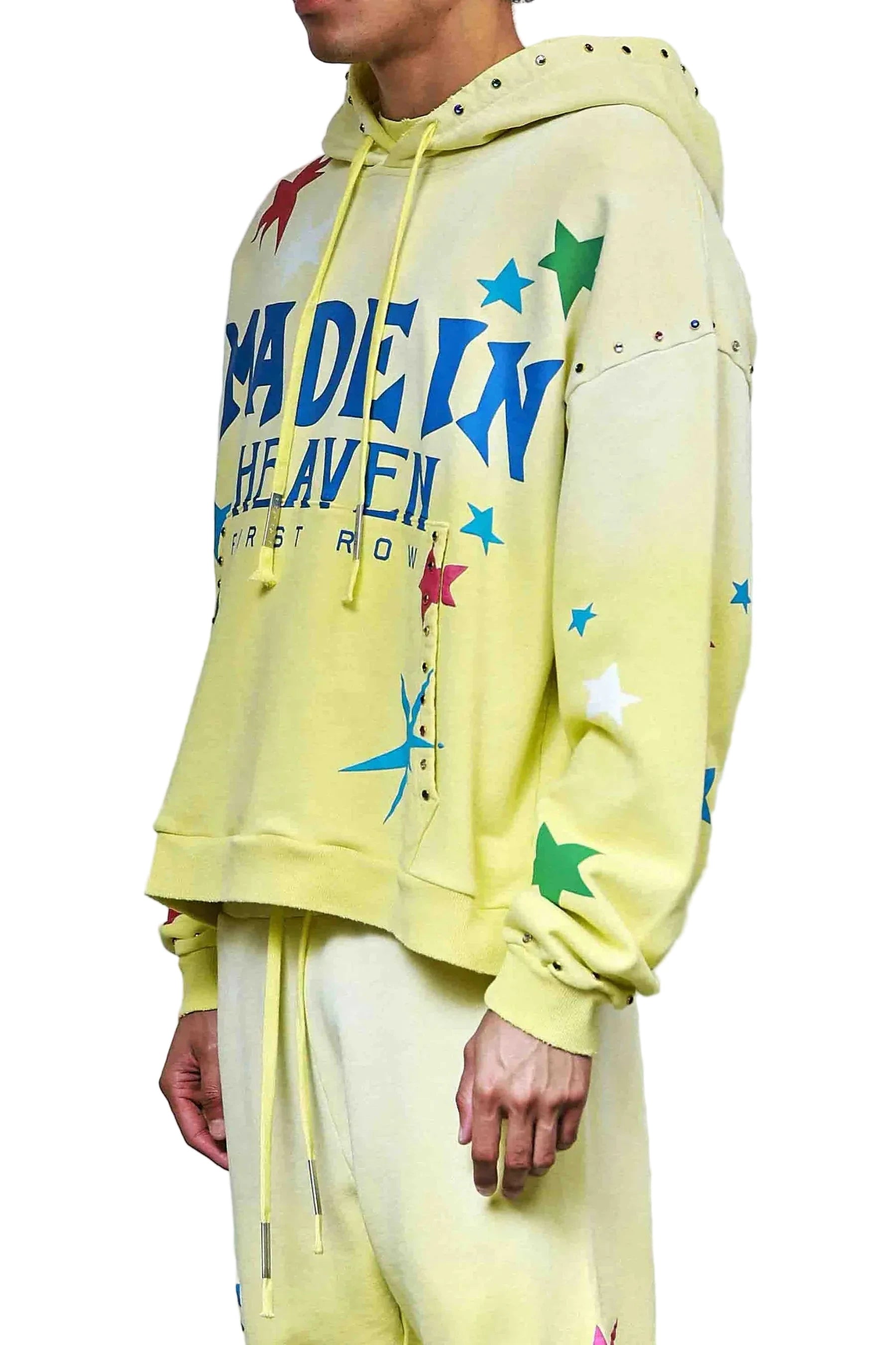 First Row FR Made In Heaven Stardust pink cropped hoodie with rhinestone detailing and front kanga pocket