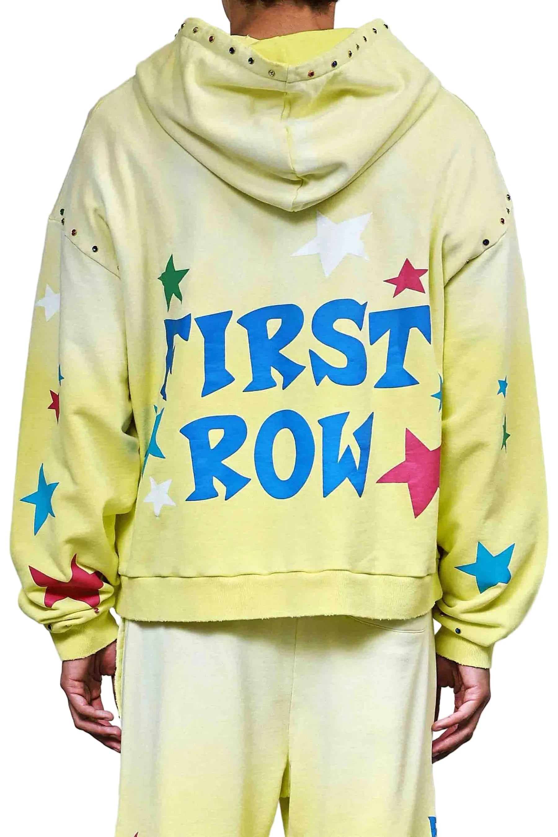 First Row FR Made In Heaven Stardust pink cropped hoodie with rhinestone detailing and front kanga pocket