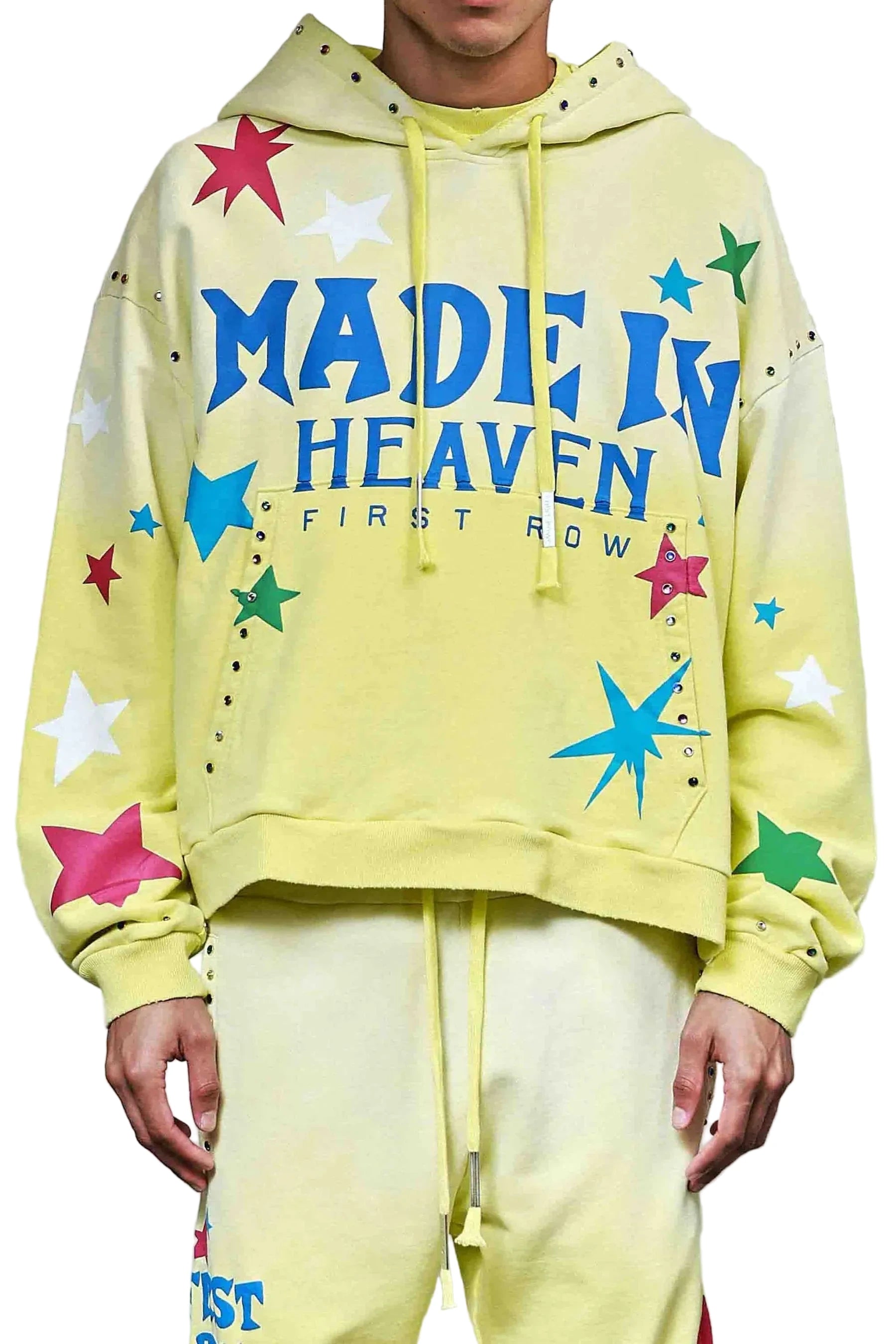 First Row FR Made In Heaven Stardust pink cropped hoodie with rhinestone detailing and front kanga pocket