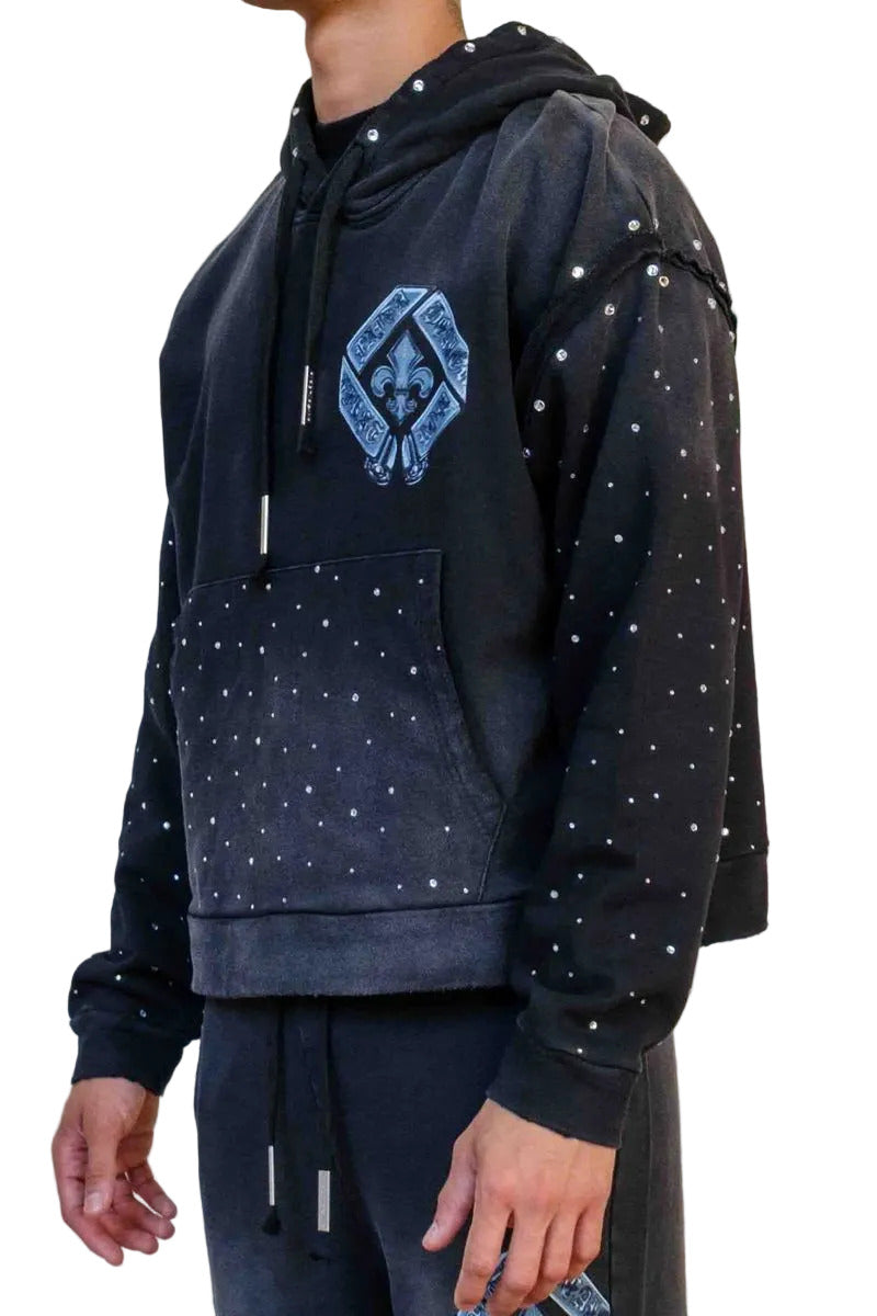 First Row FR Vow Sublime Light black washed crop hoodie with rhinestone detailing, drawstring hood, and front kangaroo pocket