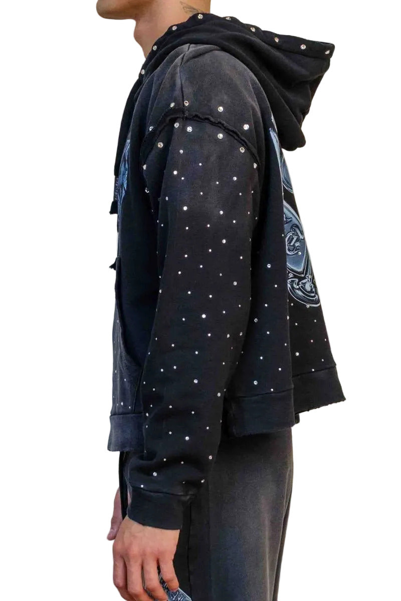 First Row FR Vow Sublime Light black washed crop hoodie with rhinestone detailing, drawstring hood, and front kangaroo pocket