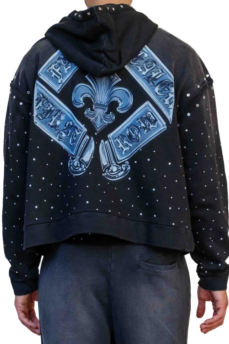 First Row FR Vow Sublime Light black washed crop hoodie with rhinestone detailing, drawstring hood, and front kangaroo pocket