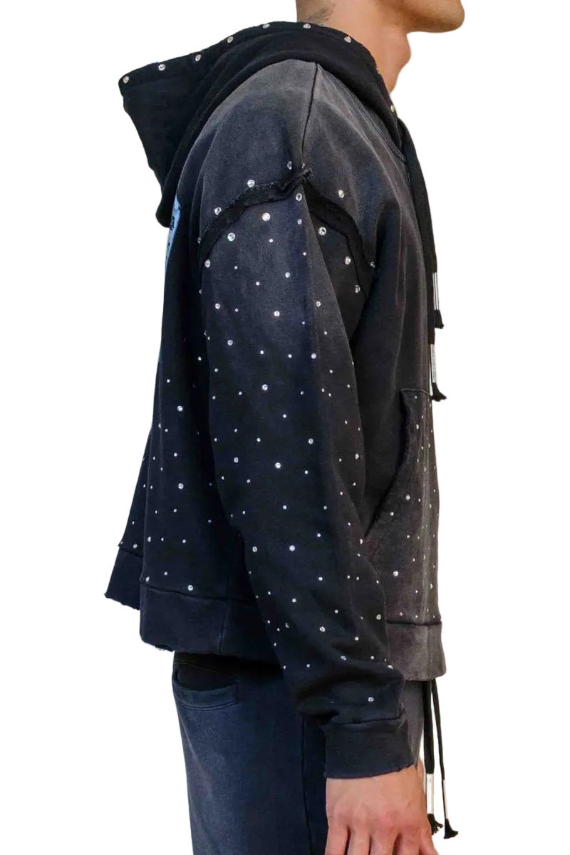 First Row FR Vow Sublime Light black washed crop hoodie with rhinestone detailing, drawstring hood, and front kangaroo pocket