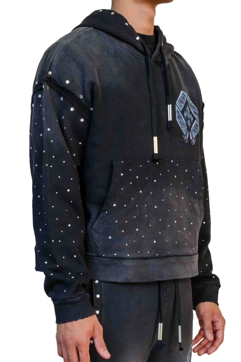 First Row FR Vow Sublime Light black washed crop hoodie with rhinestone detailing, drawstring hood, and front kangaroo pocket