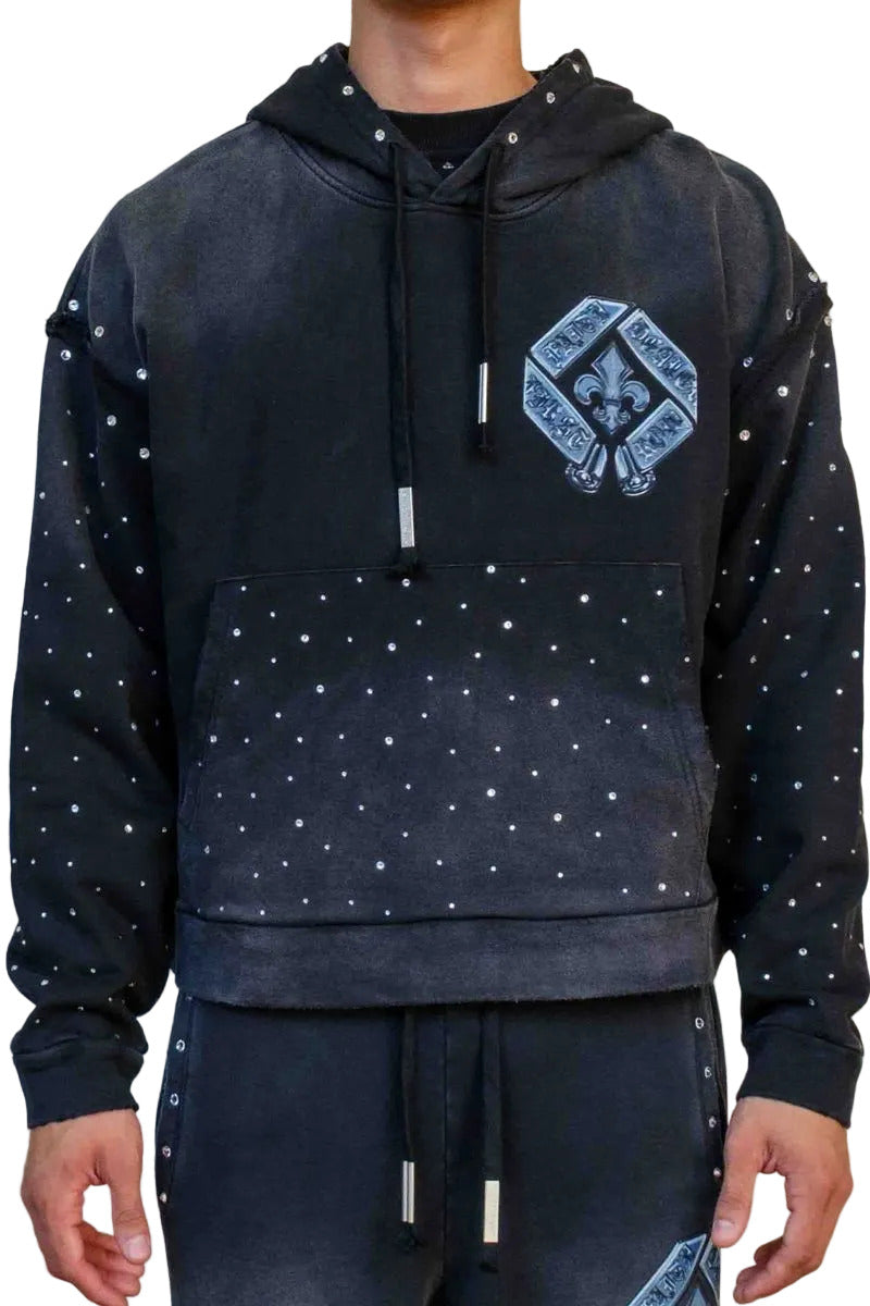 First Row FR Vow Sublime Light black washed crop hoodie with rhinestone detailing, drawstring hood, and front kangaroo pocket