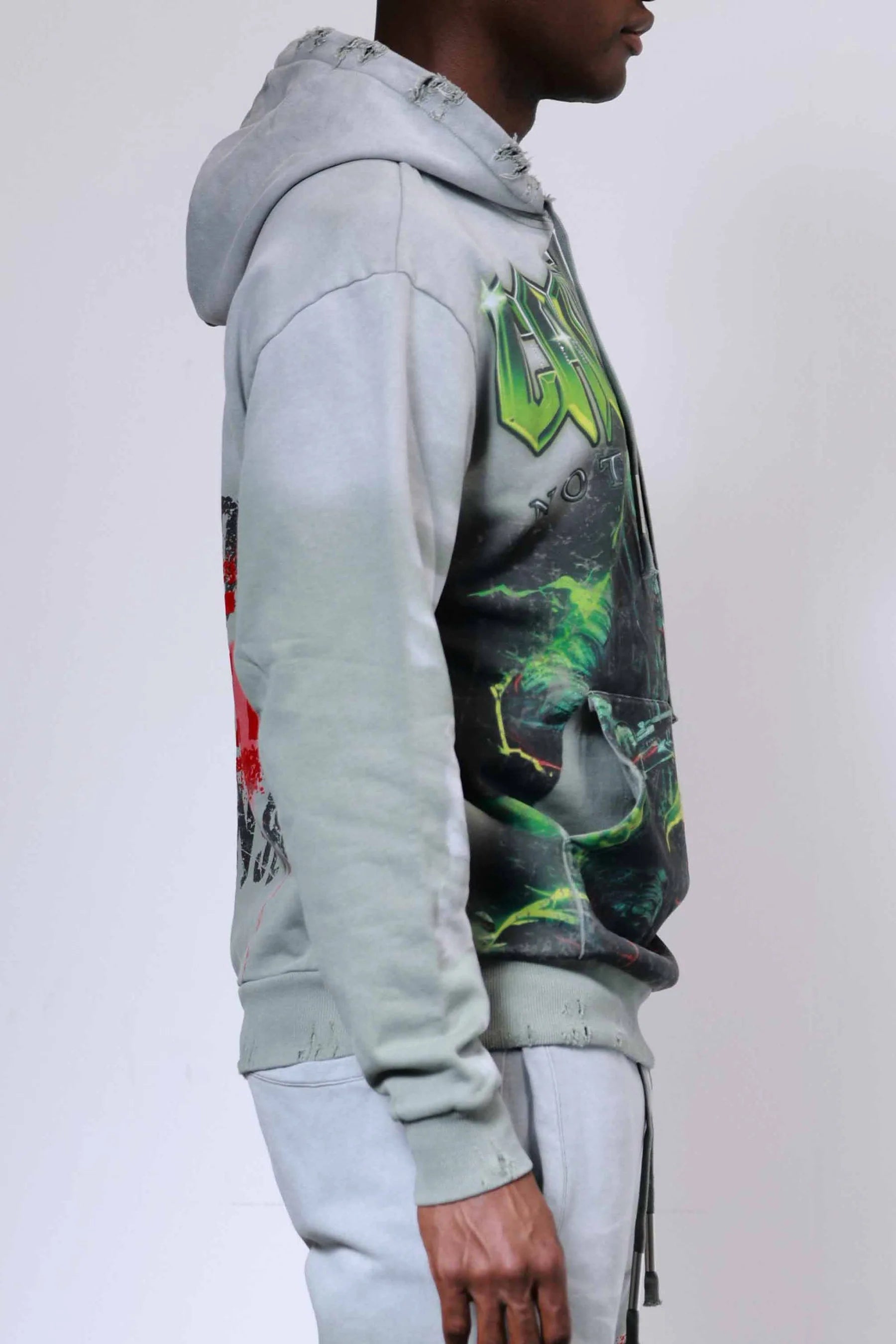 First Row Caution Not So Quiet Ghost Rider heavy washed hoodie with flock detailing, slightly oversized fit, flocked rib banding hem, kanga pocket, and adjustable drawstring hood