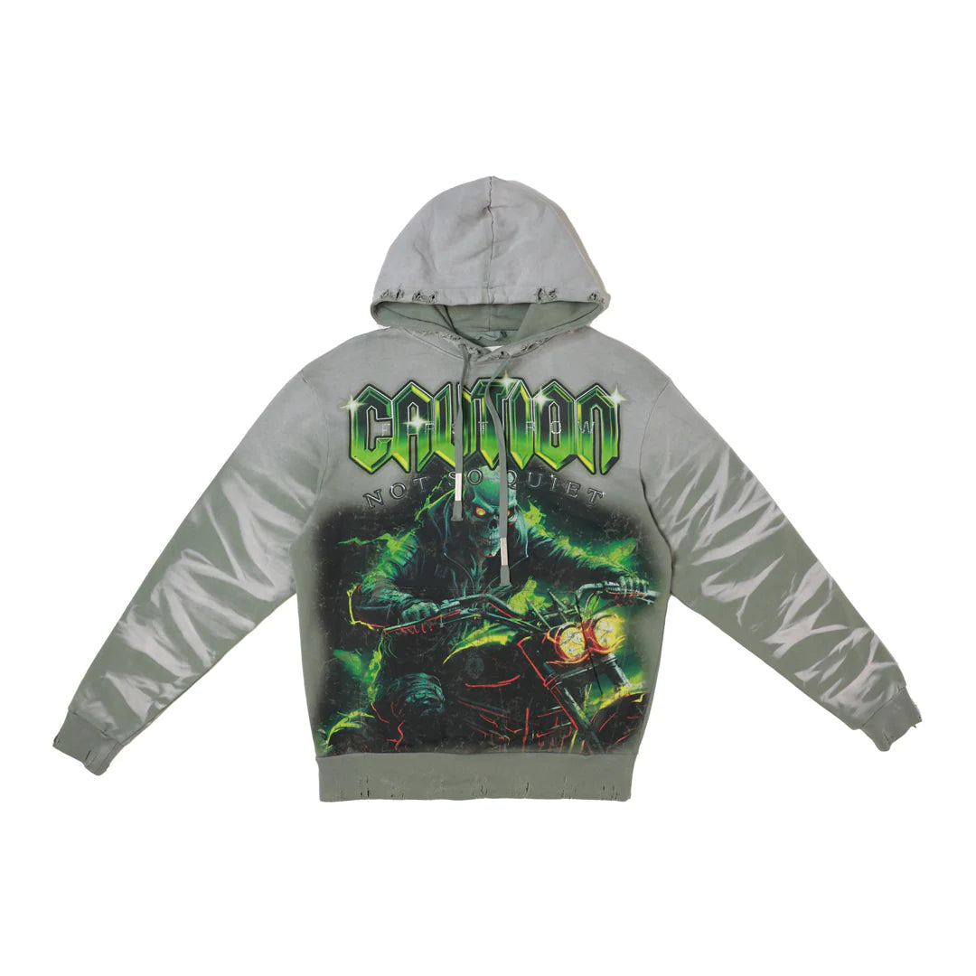 First Row Caution Not So Quiet Ghost Rider heavy washed hoodie with flock detailing, slightly oversized fit, flocked rib banding hem, kanga pocket, and adjustable drawstring hood